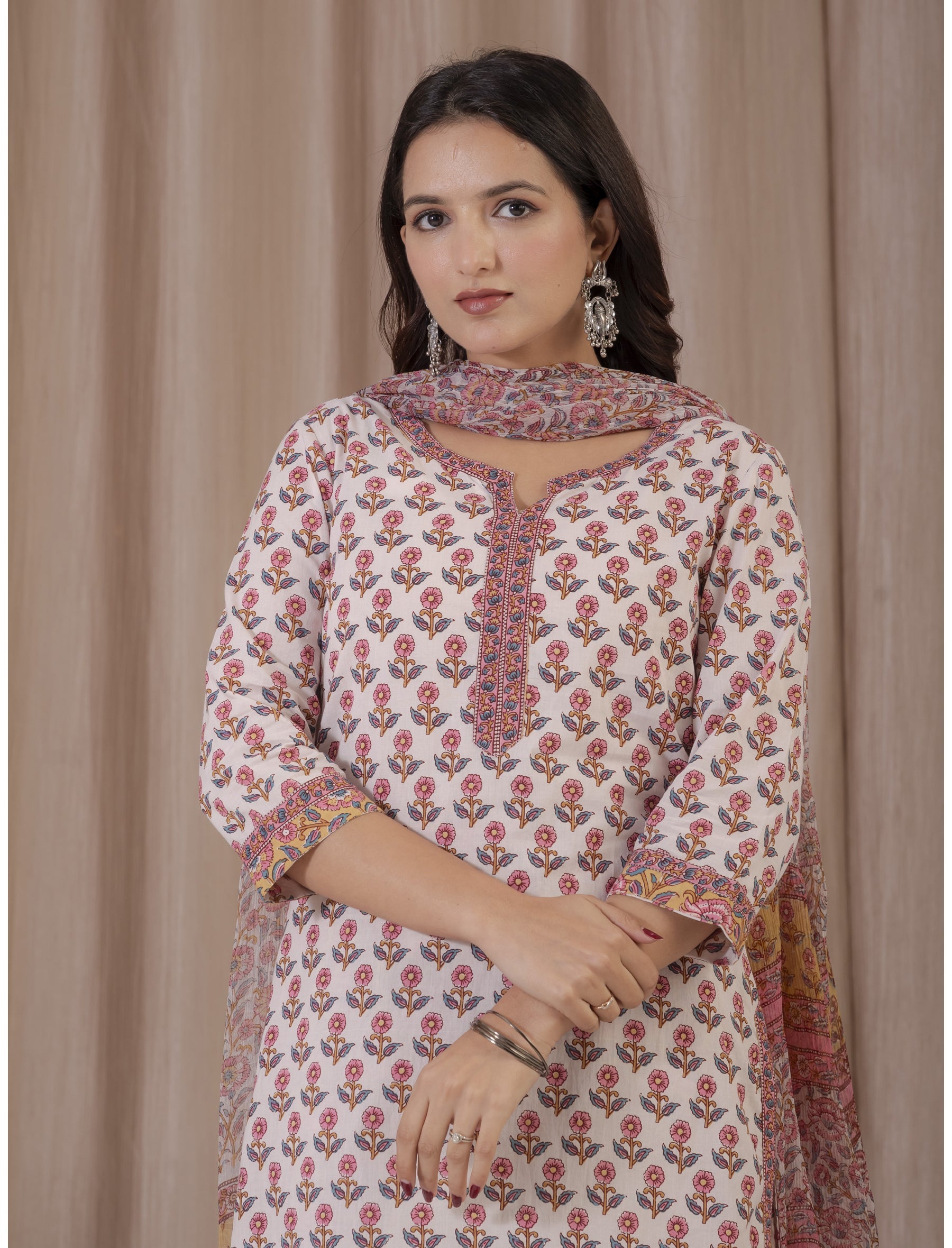 White Peach Hand Block Printed Cotton Kurta Pant Set