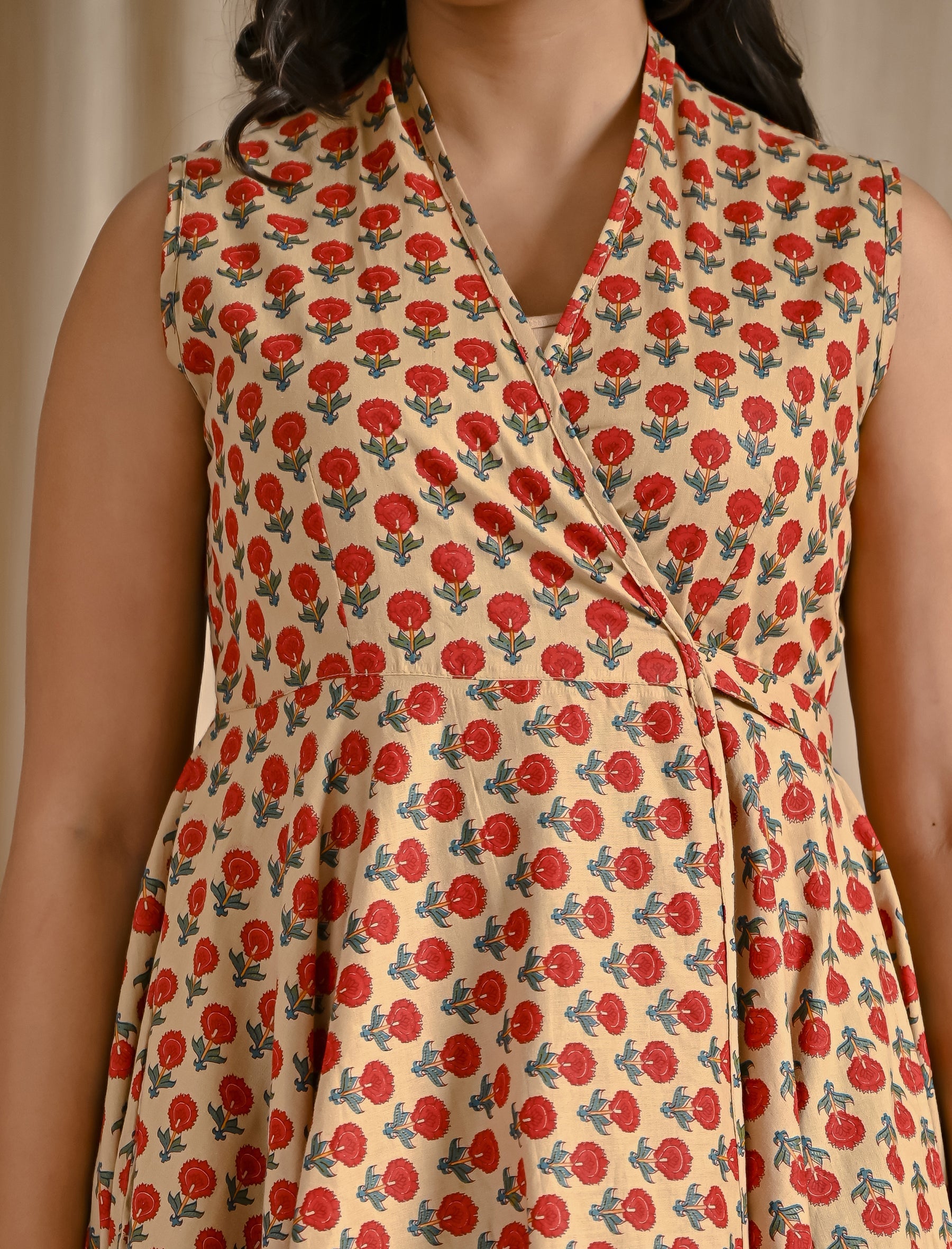 Beige Red Butti Cotton Printed High-Low Dress