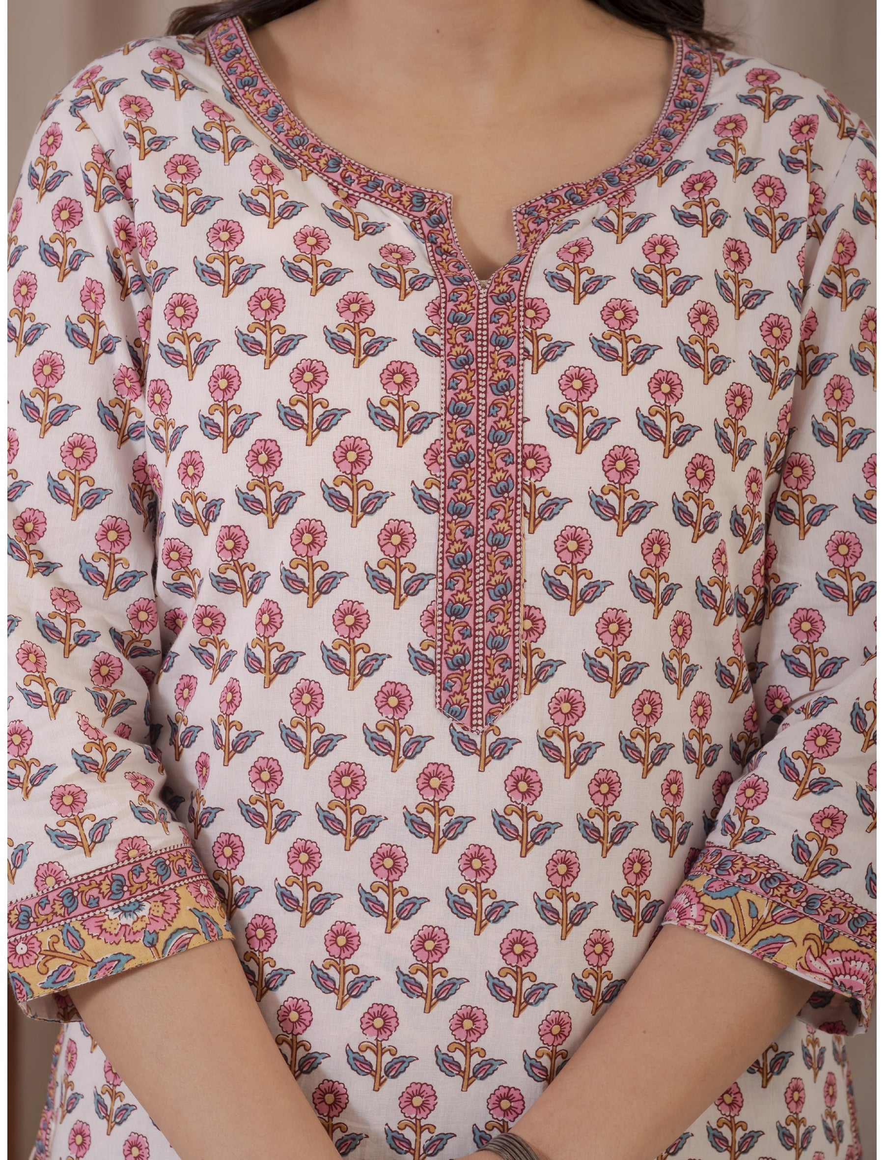 White Peach Hand Block Printed Cotton Kurta Pant Set