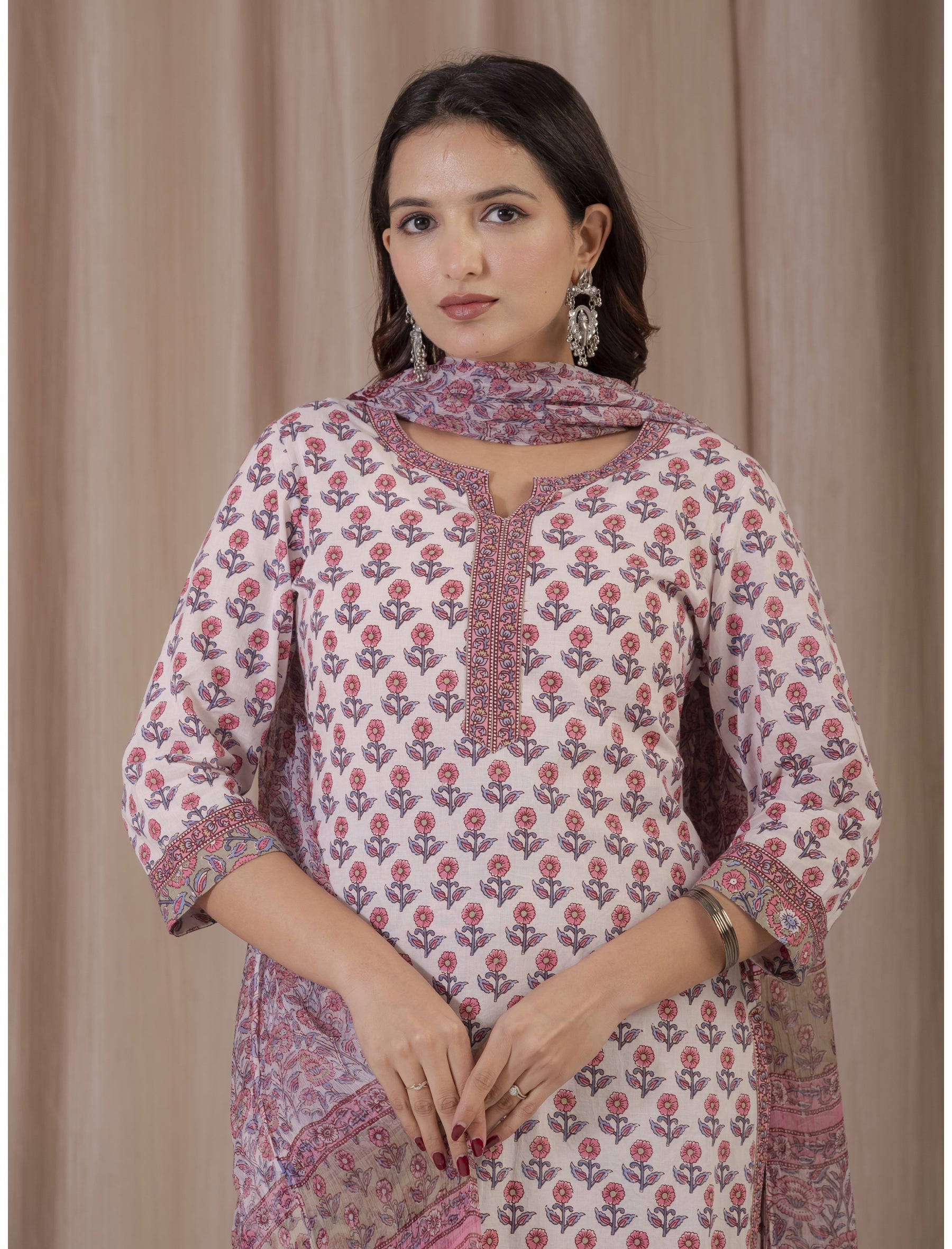 White Pink Hand Block Printed Cotton Kurta Pant Set