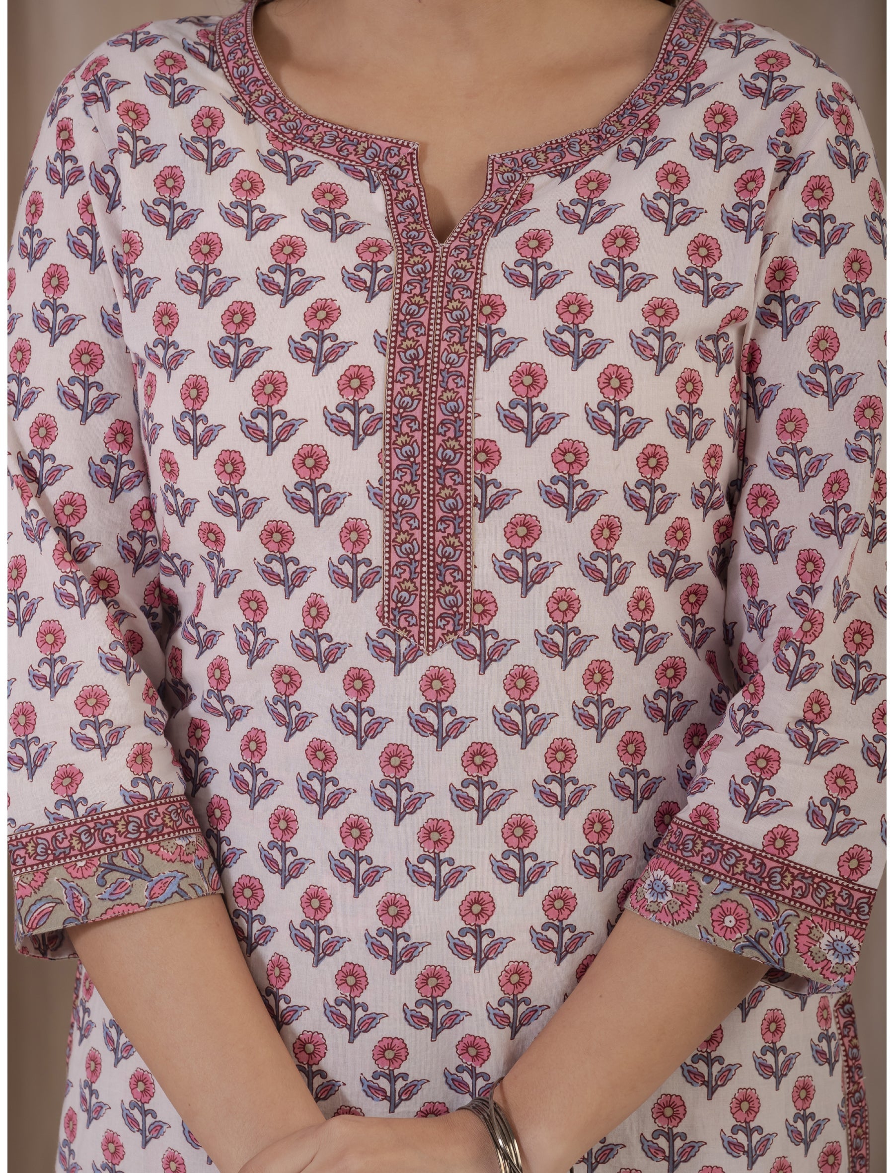 White Pink Hand Block Printed Cotton Kurta Pant Set