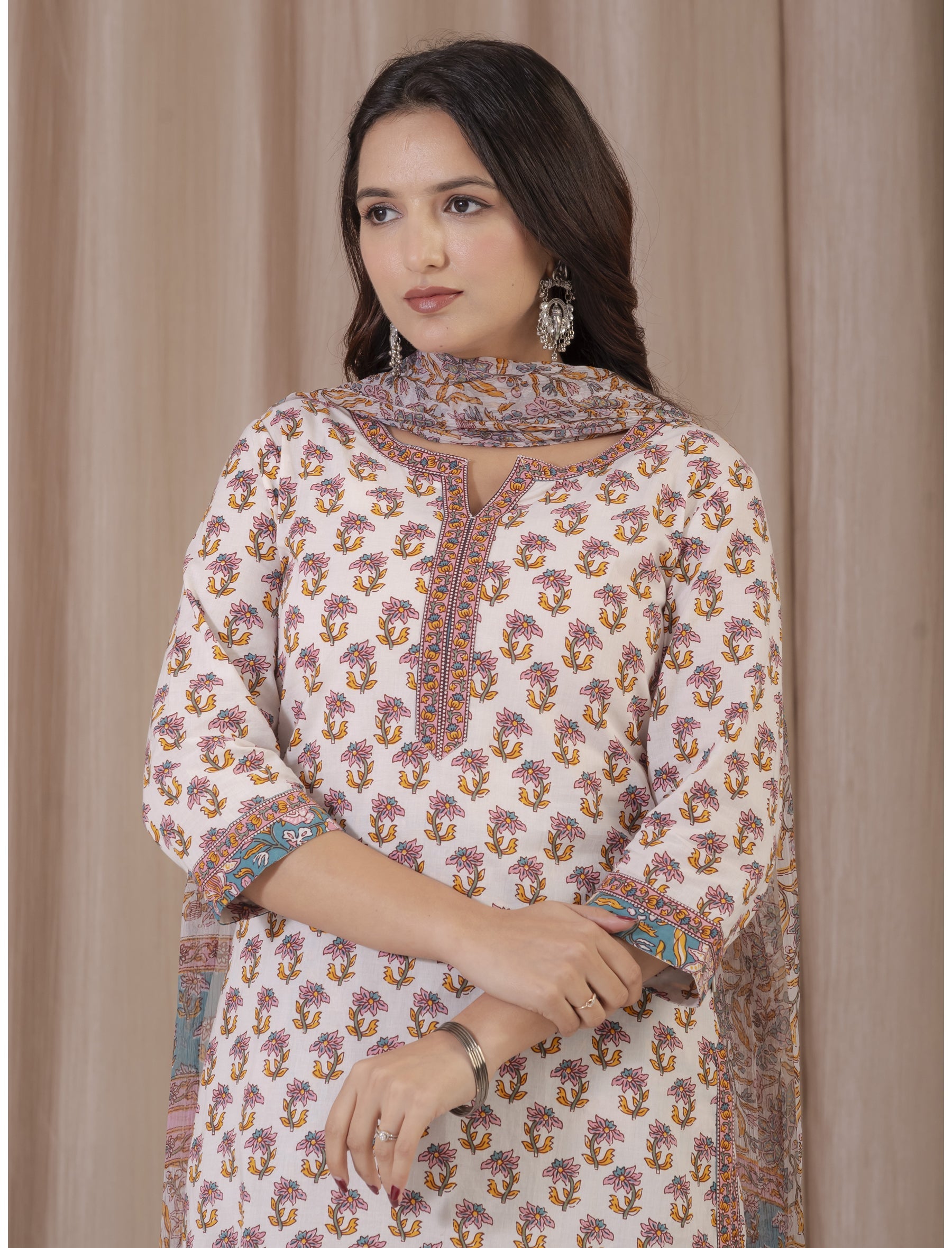 White Pink Hand Block Printed Cotton Kurta Pant Set
