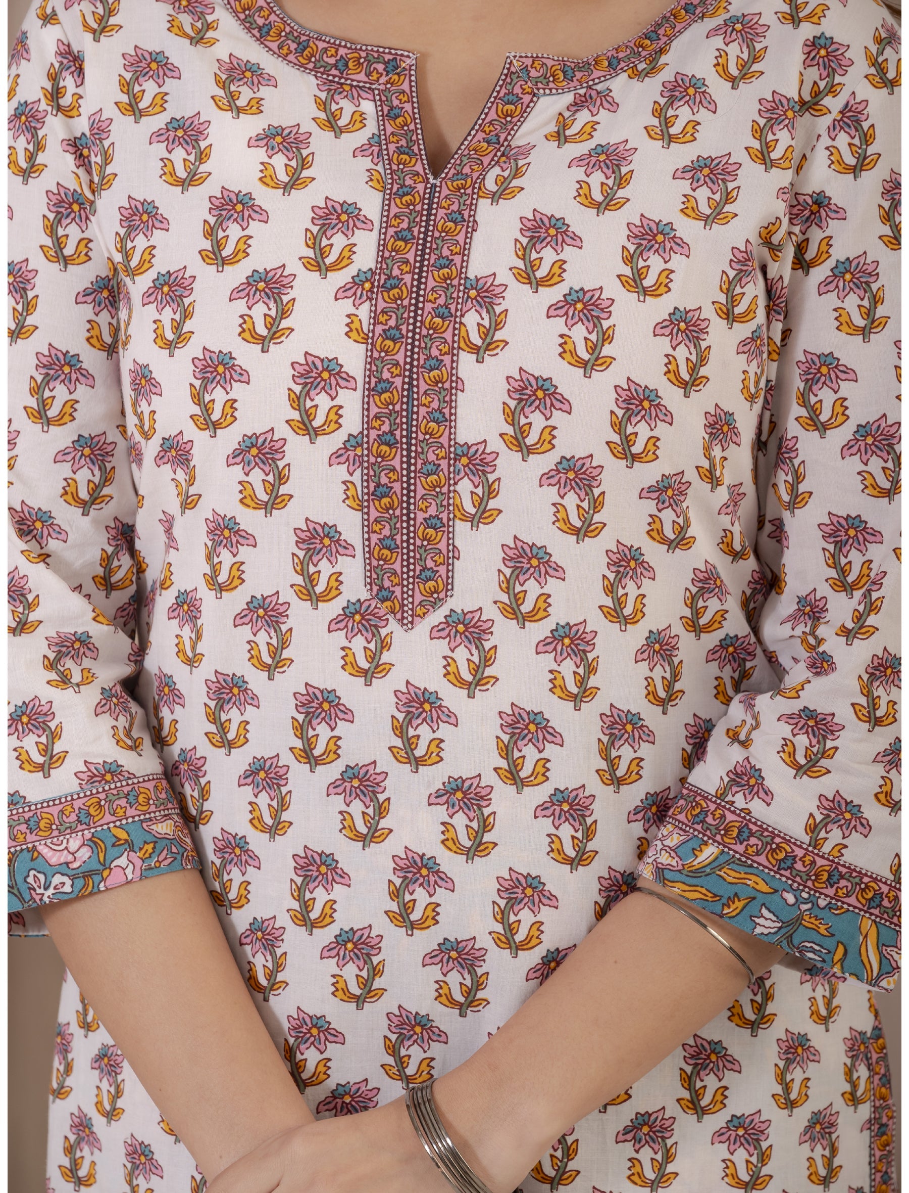 White Pink Hand Block Printed Cotton Kurta Pant Set