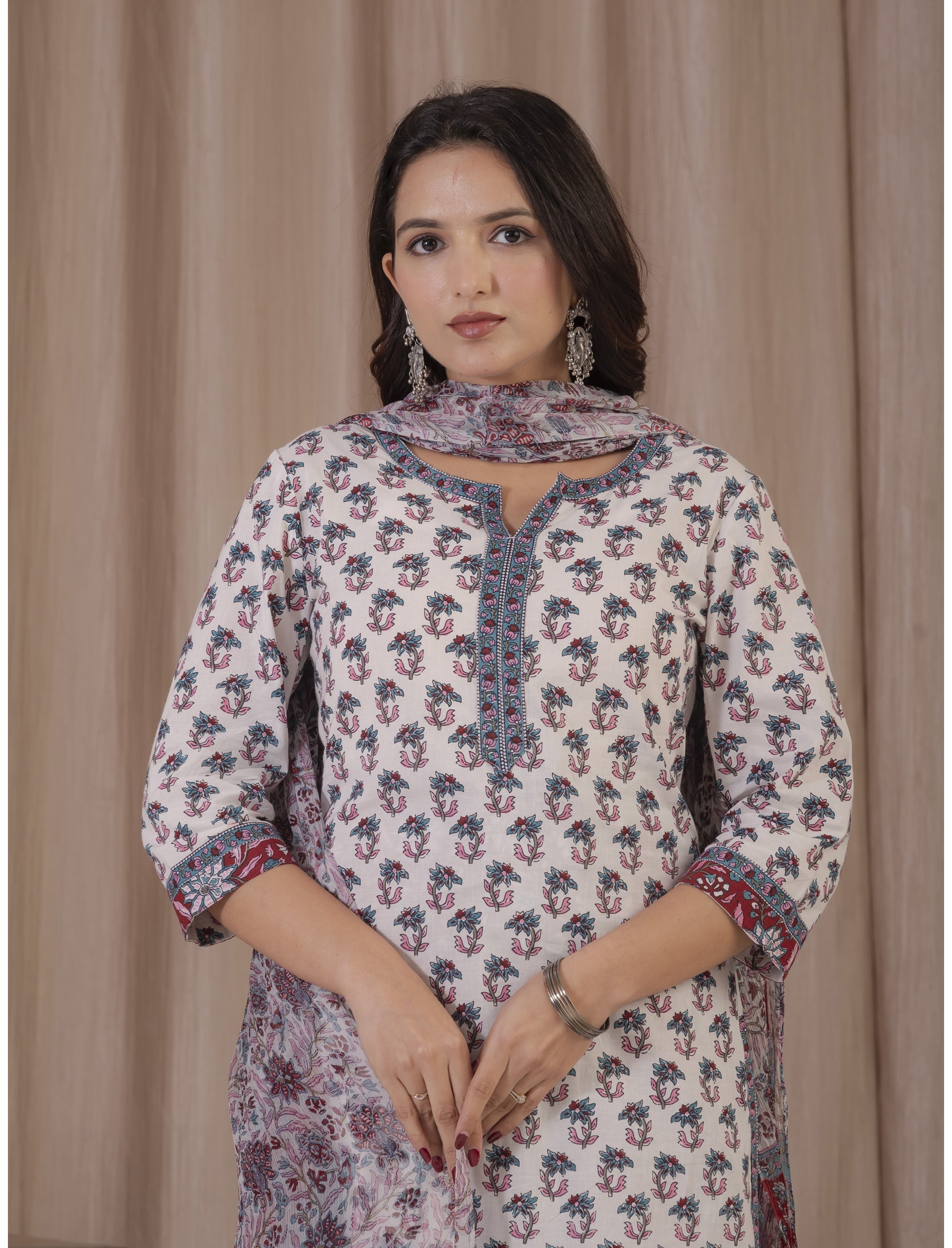 White Grey Hand Block Printed Cotton Kurta Pant Set