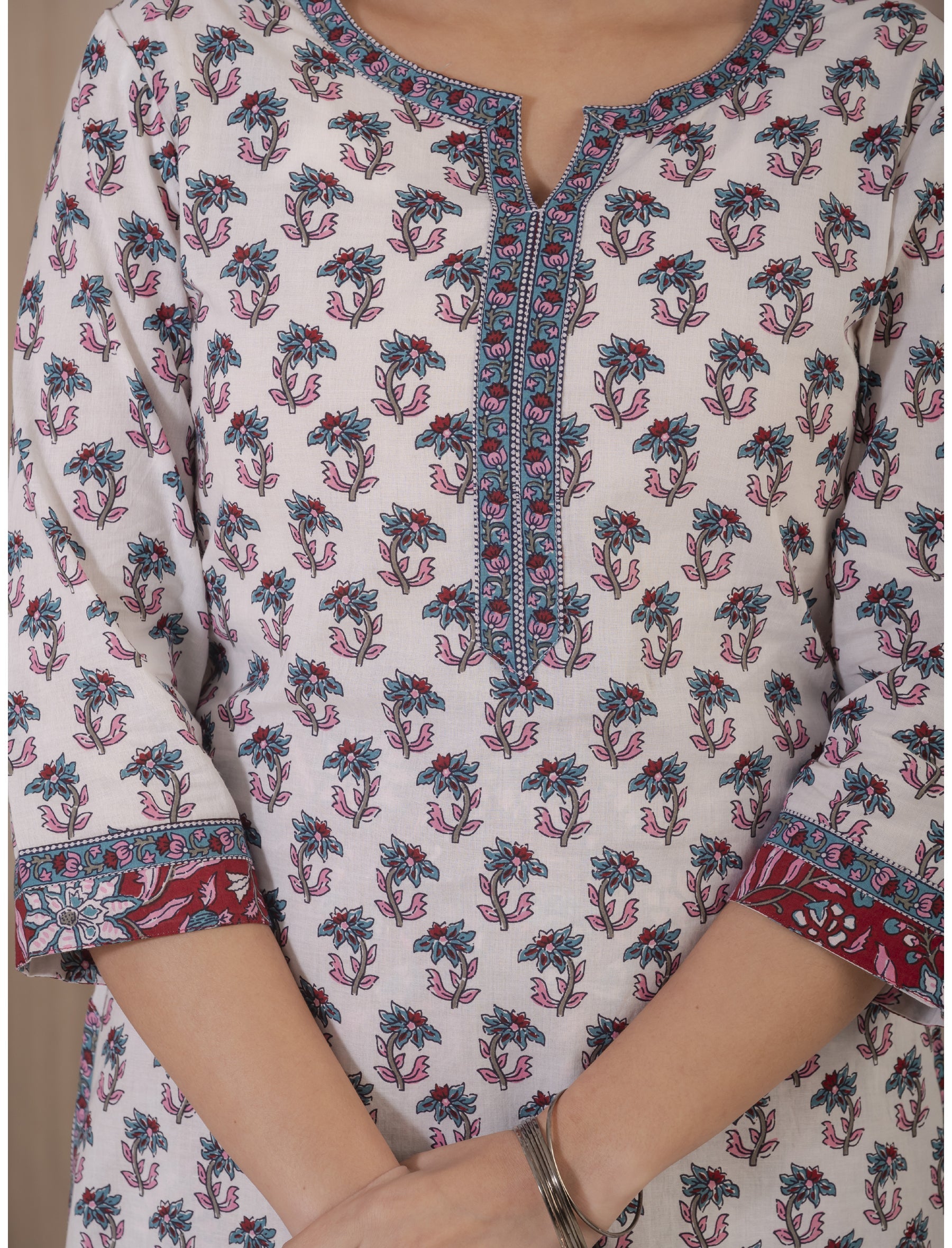 White Grey Hand Block Printed Cotton Kurta Pant Set