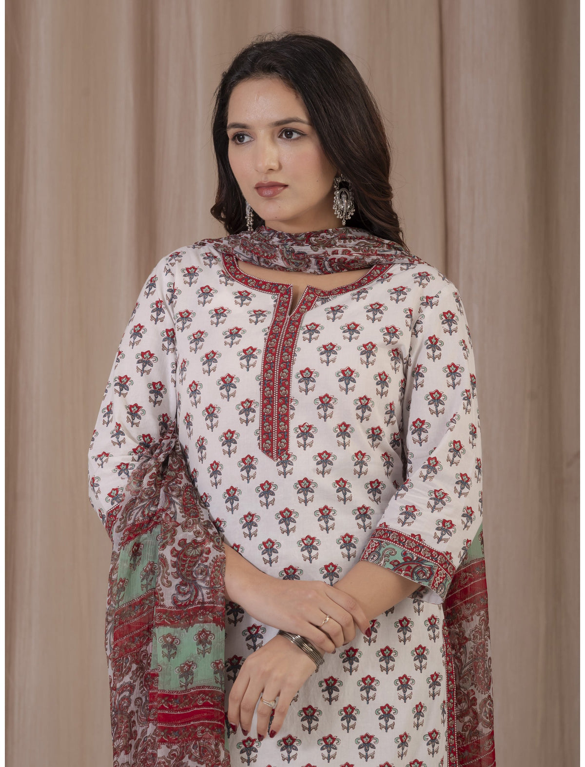 White Red Hand Block Printed Cotton Kurta Pant Set