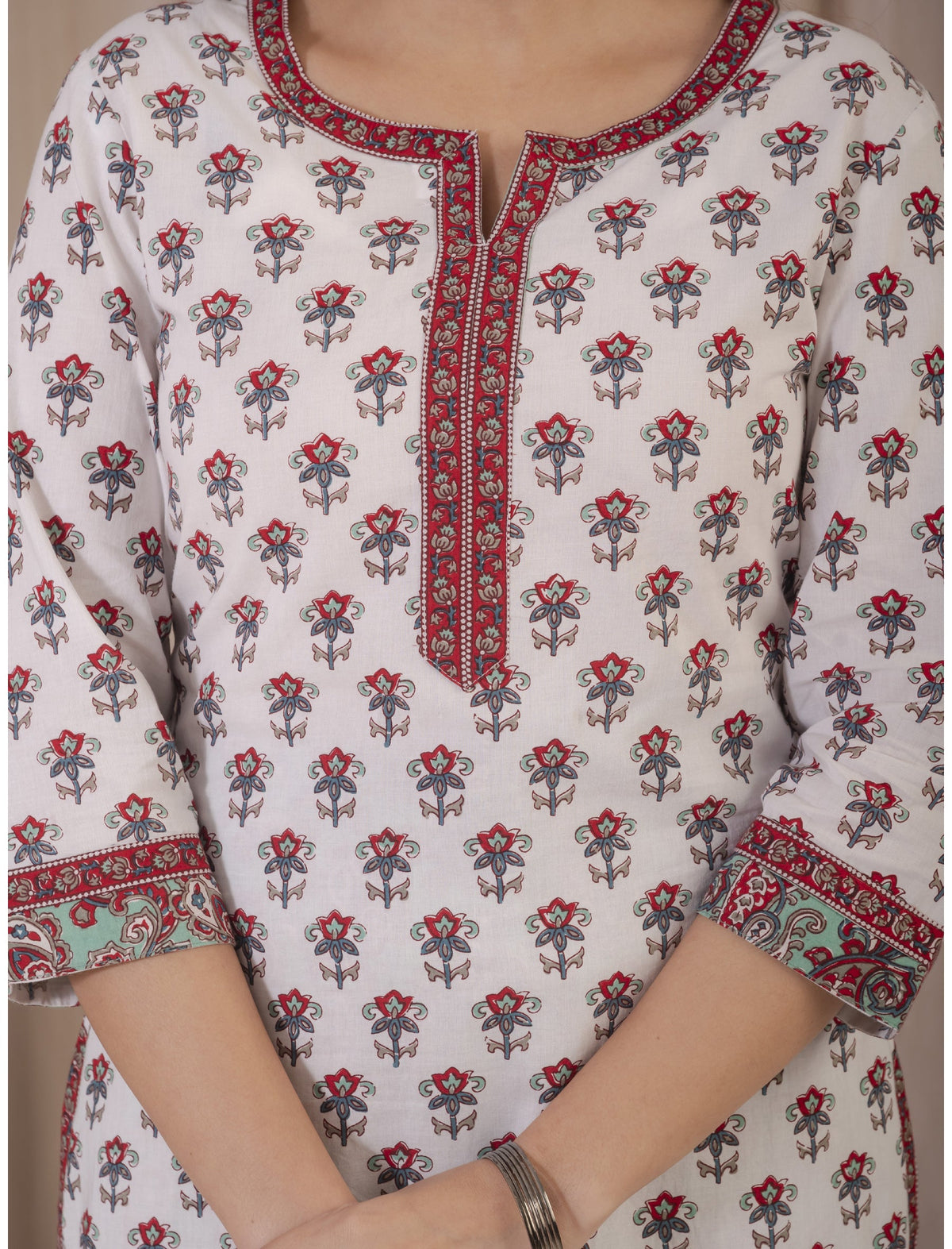 White Red Hand Block Printed Cotton Kurta Pant Set