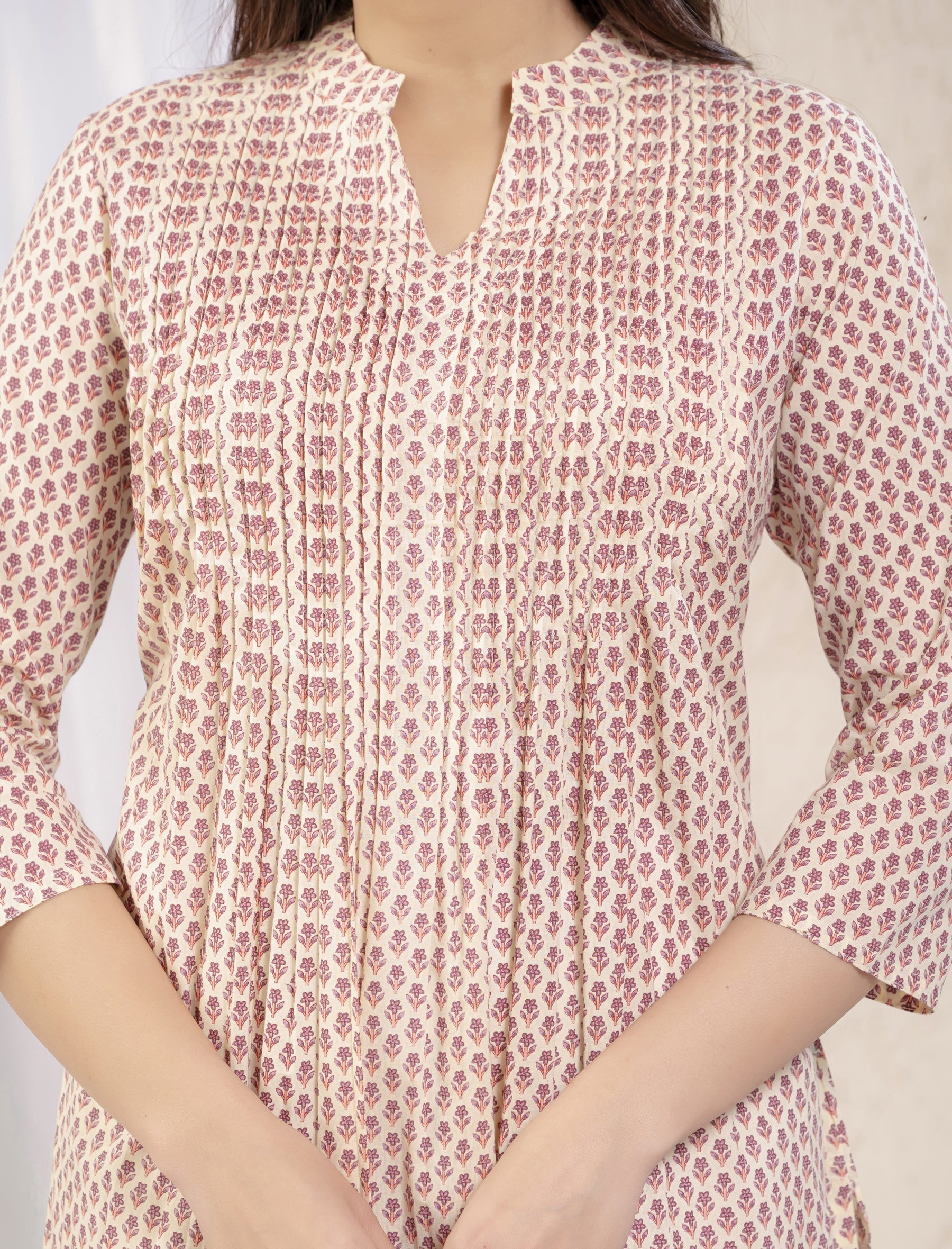 Cream Purple Butti Printed Straight Kurti