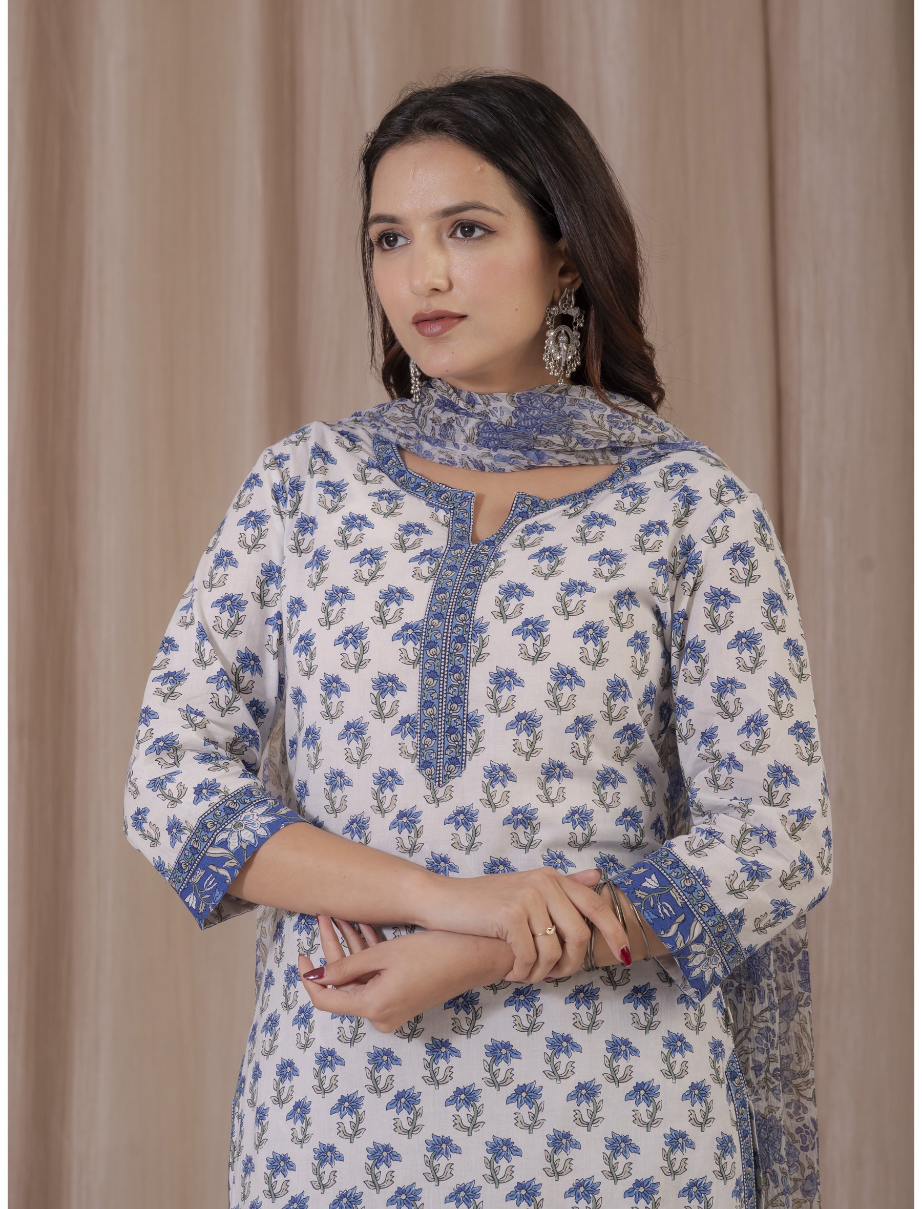 White Blue Hand Block Printed Cotton Kurta Pant Set