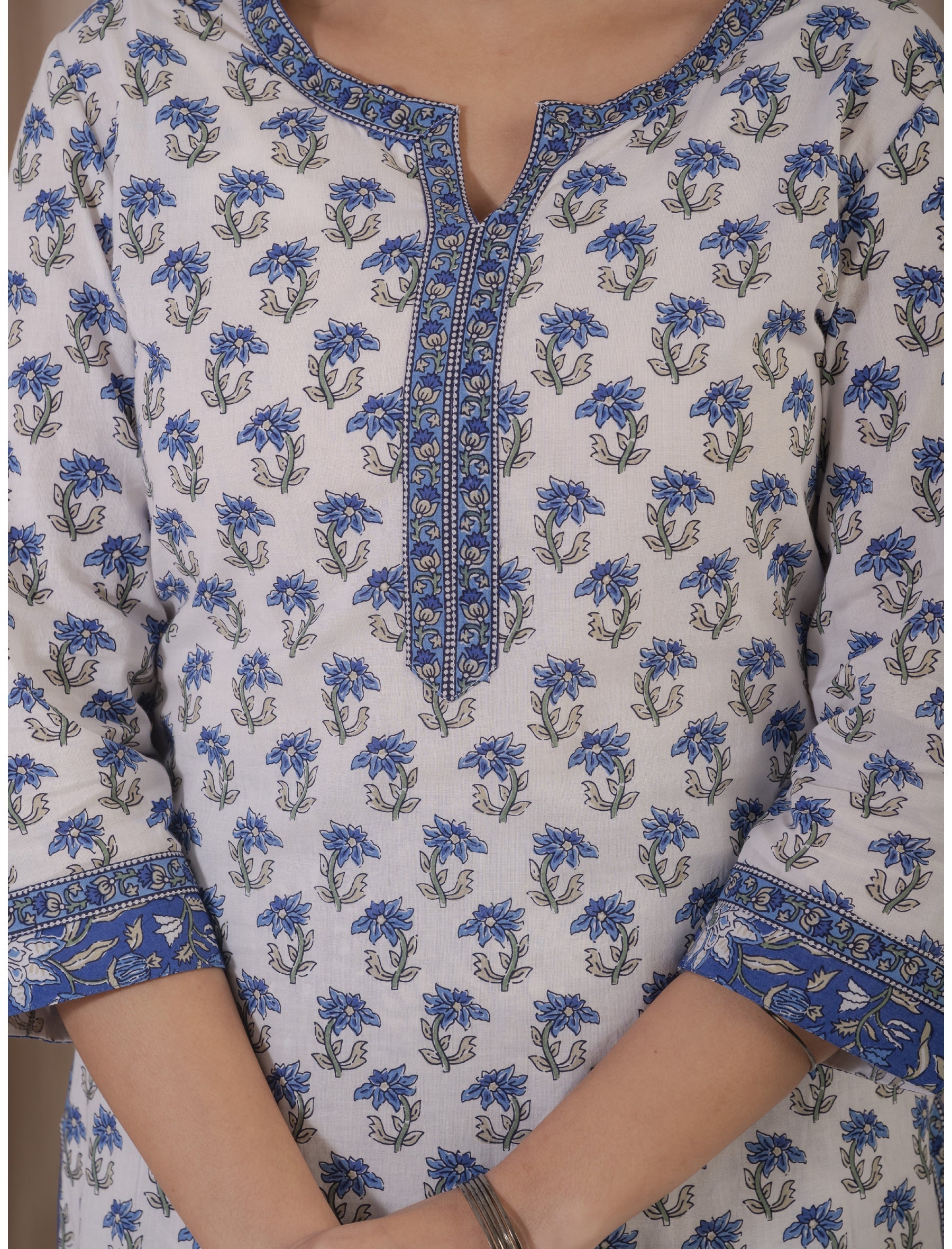 White Blue Hand Block Printed Cotton Kurta Pant Set