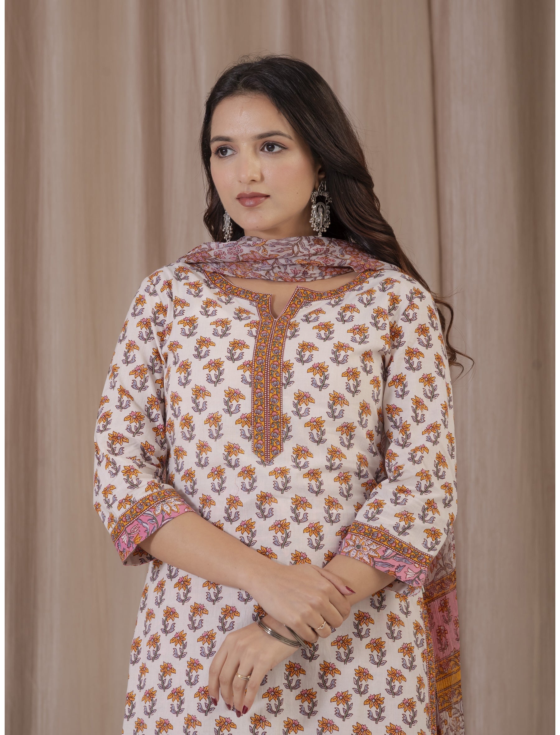 White Yellow Hand Block Printed Cotton Kurta Pant Set