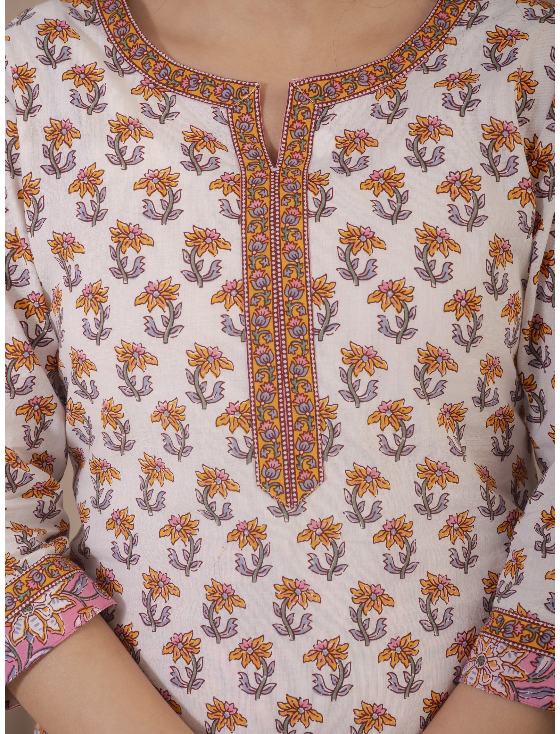 White Yellow Hand Block Printed Cotton Kurta Pant Set