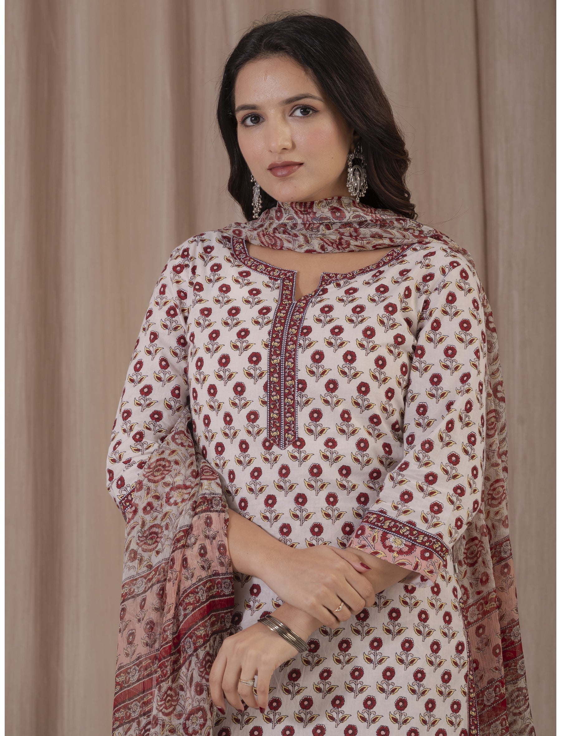 White Red Hand Block Printed Cotton Kurta Pant Set