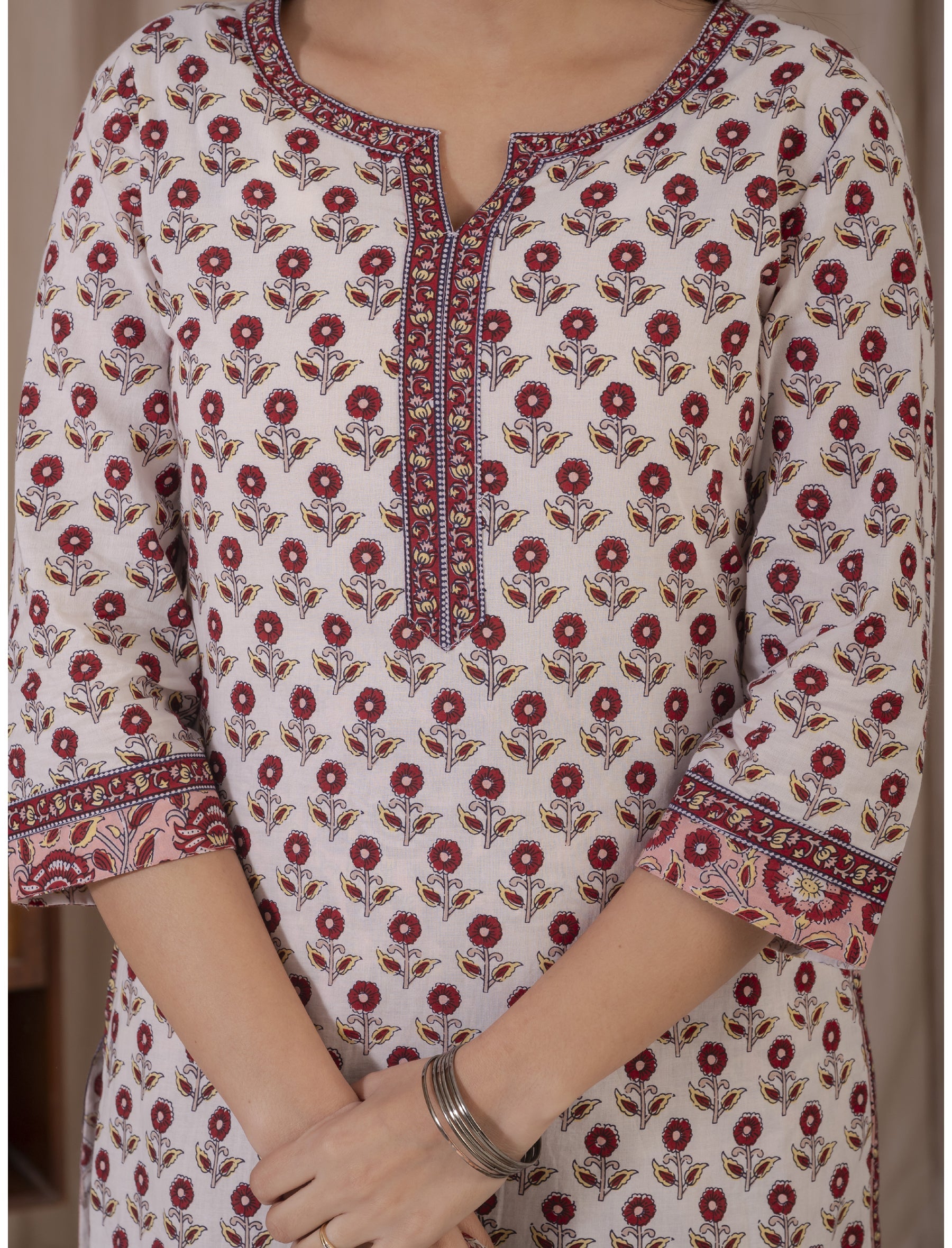 White Red Hand Block Printed Cotton Kurta Pant Set