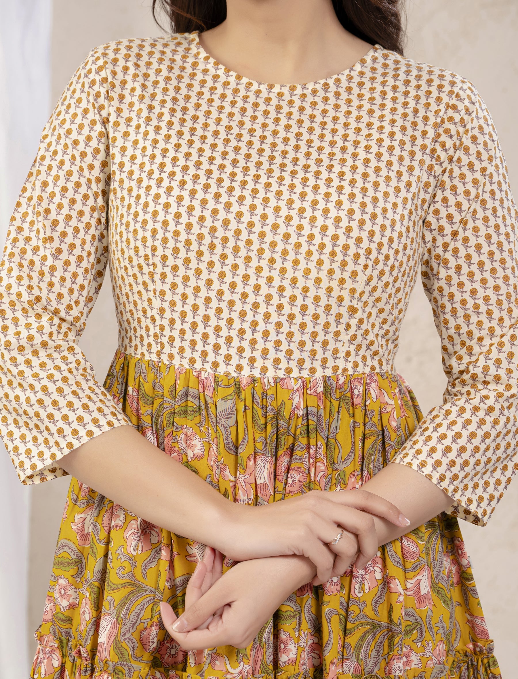 Mustard Cotton Printed Anarkali Dress