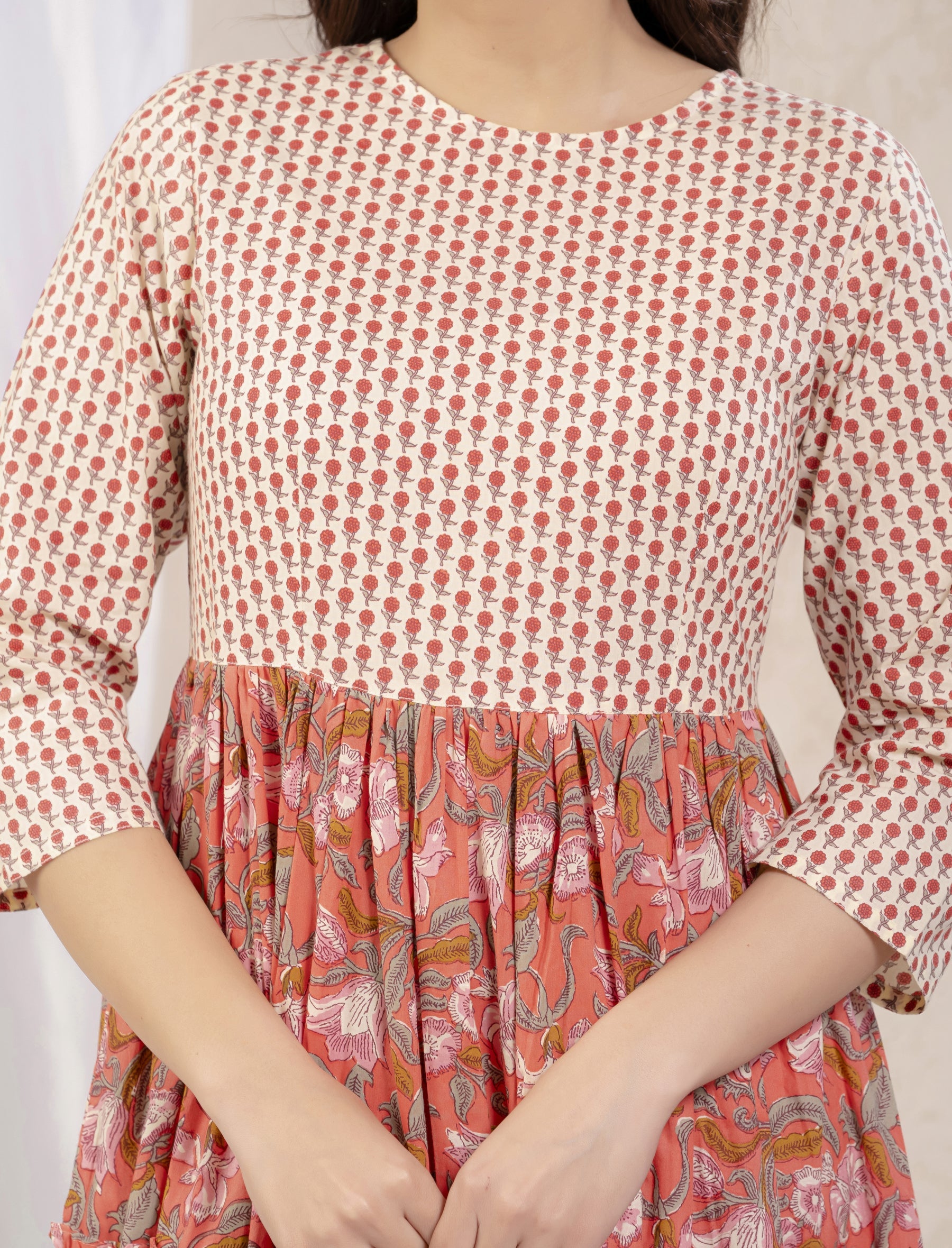 Peach Cotton Printed Anarkali Dress