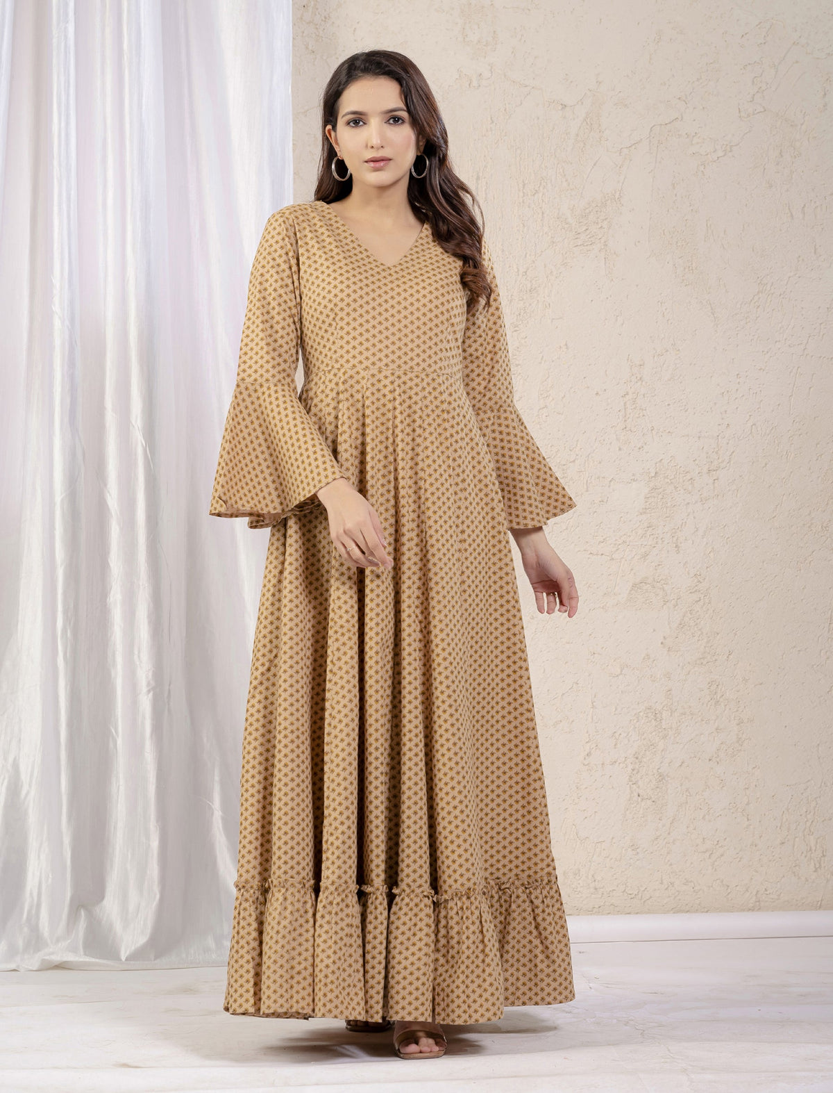 Beige Butti Cotton Printed Long Umbrella Dress With Bell Sleeves