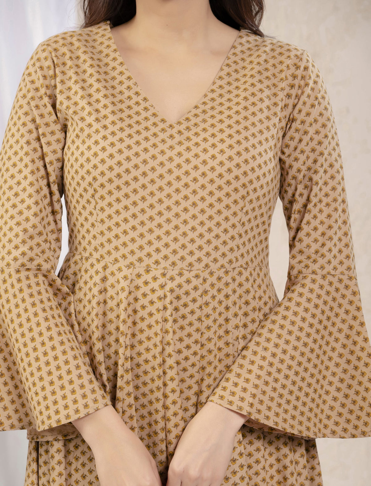 Beige Butti Cotton Printed Long Umbrella Dress With Bell Sleeves