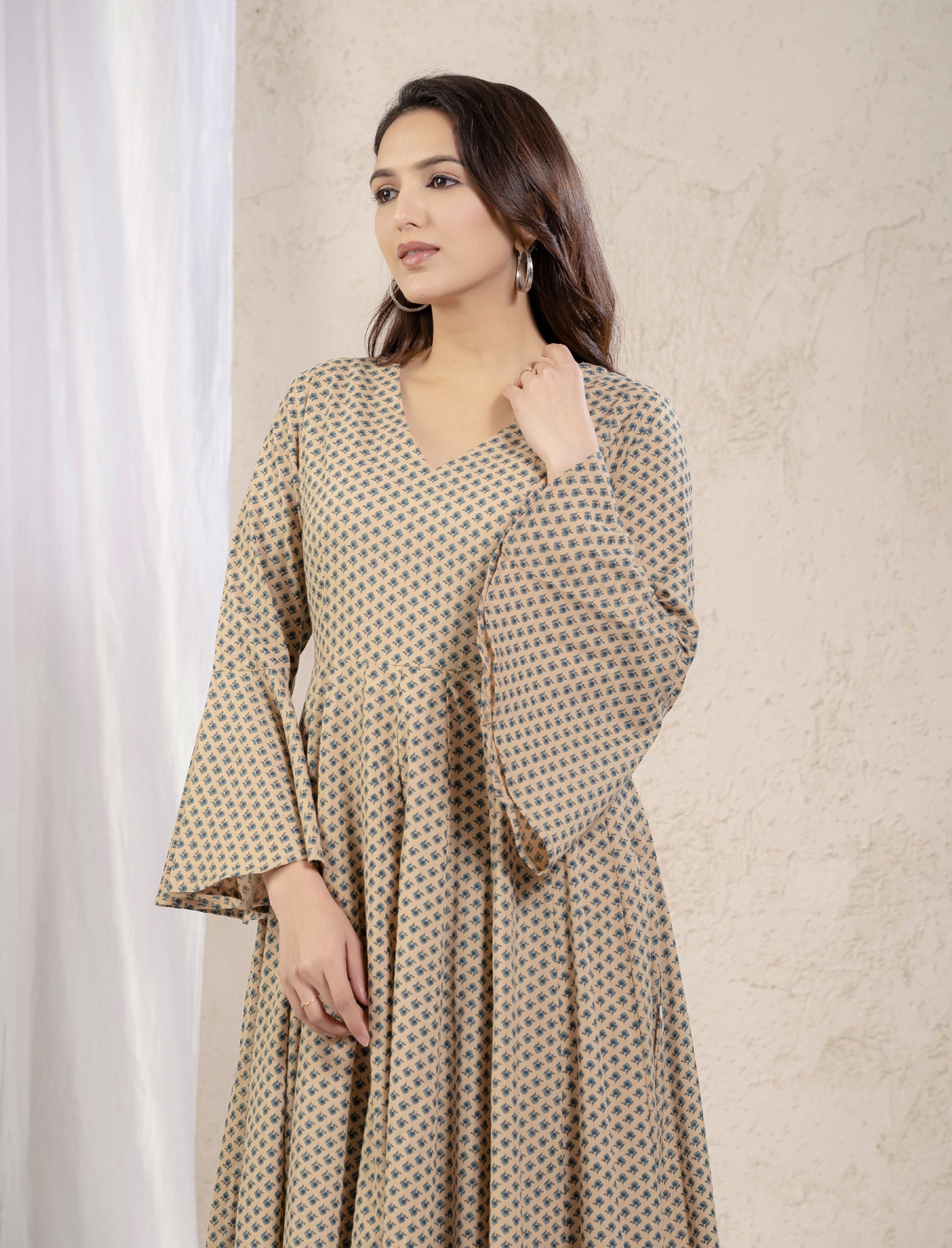 Cream Cotton Printed Long Umbrella Dress