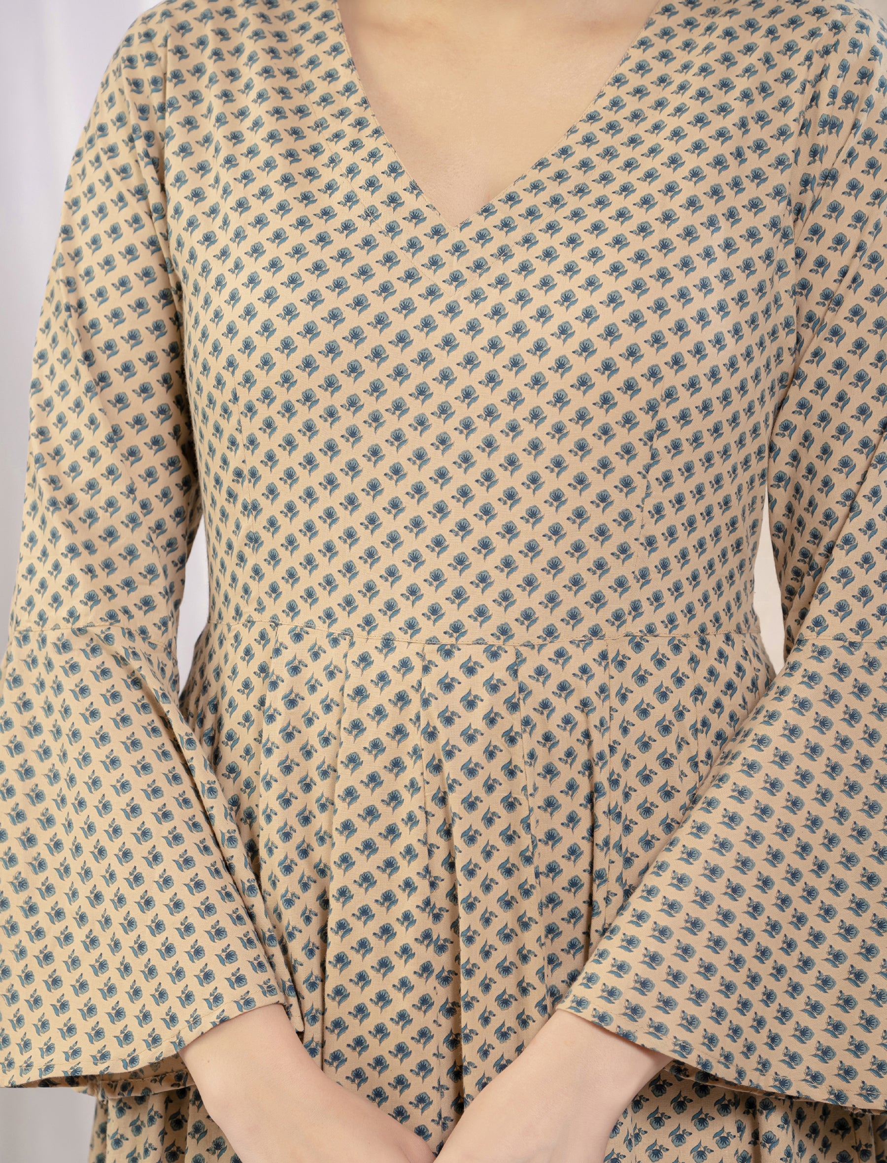 Cream Cotton Printed Long Umbrella Dress