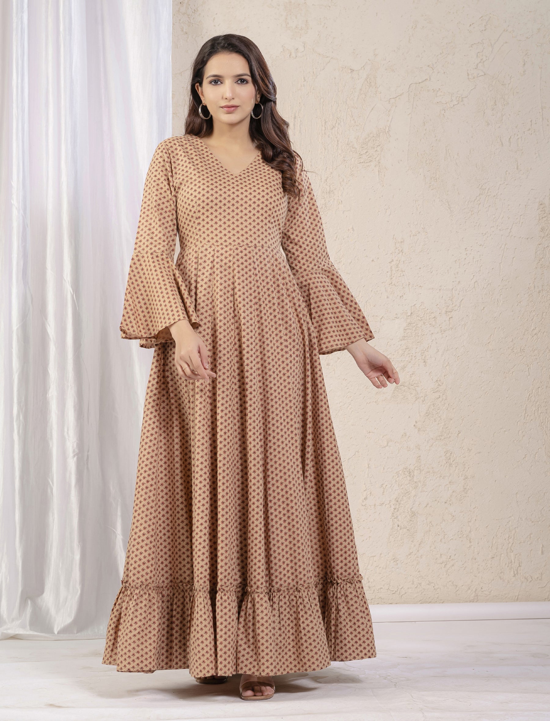 Butti Cotton Printed Long Umbrella Dress With Bell Sleeves