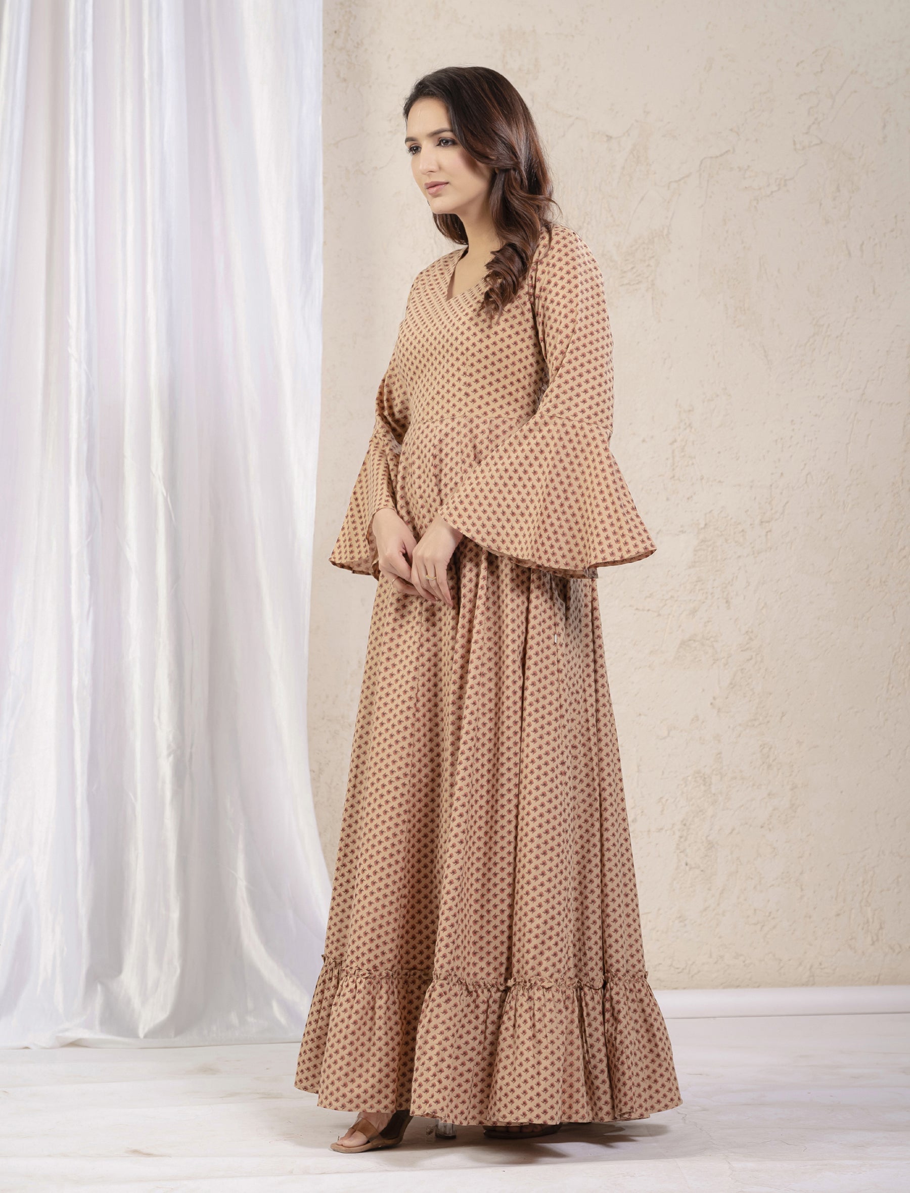 Dark Pastel Cotton Printed Long Umbrella Dress