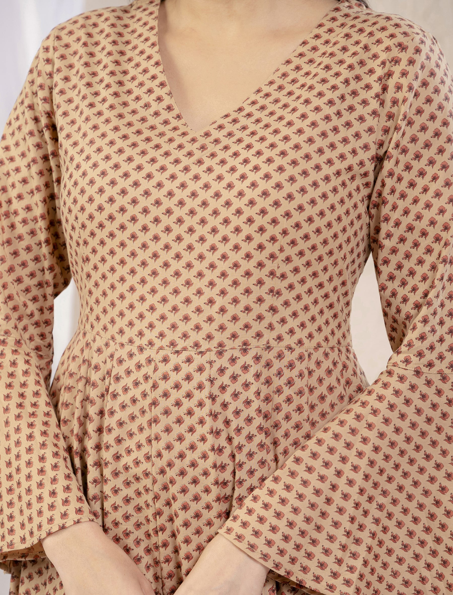 Butti Cotton Printed Long Umbrella Dress With Bell Sleeves