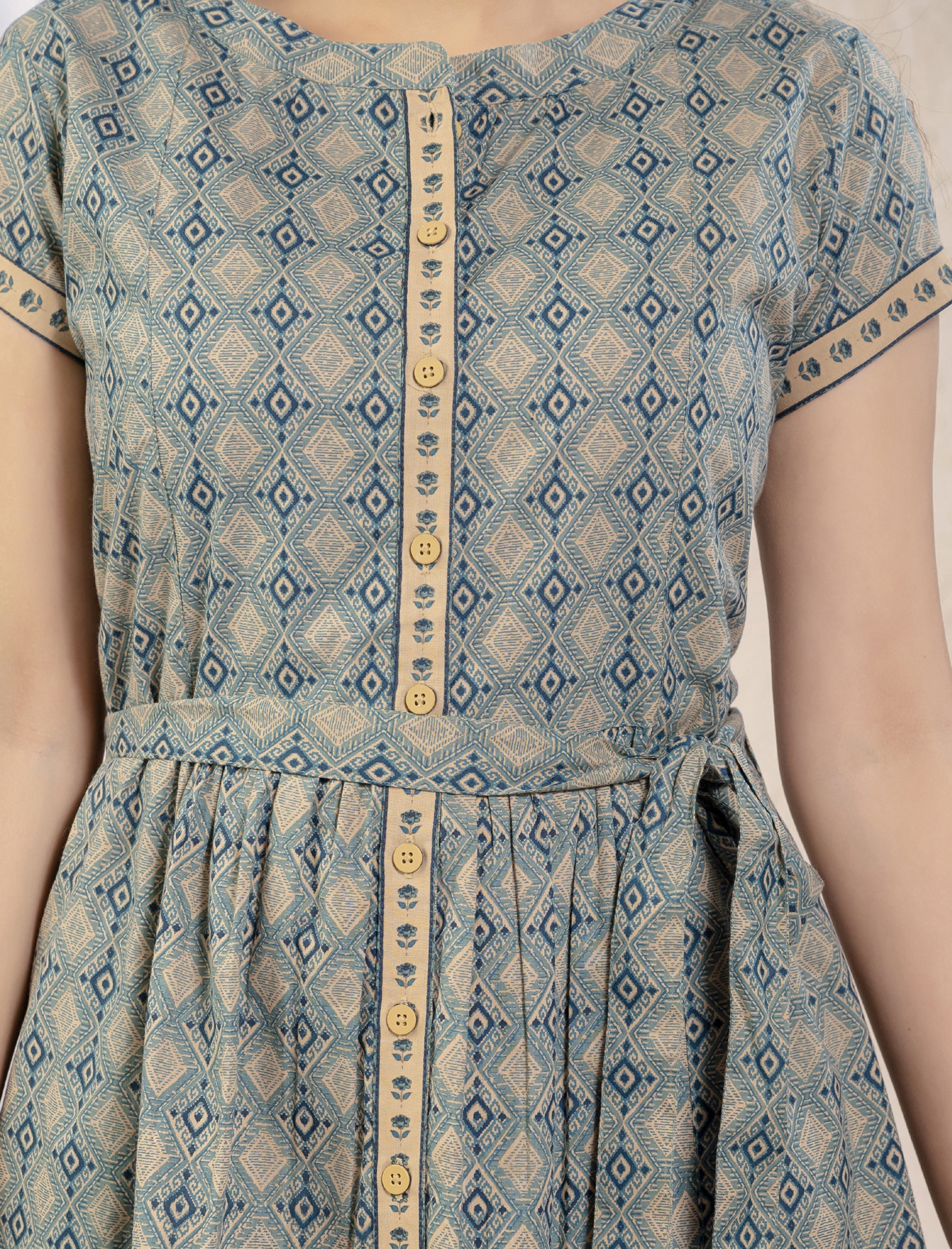 Sea Green Cotton Printed Knee Length Dress