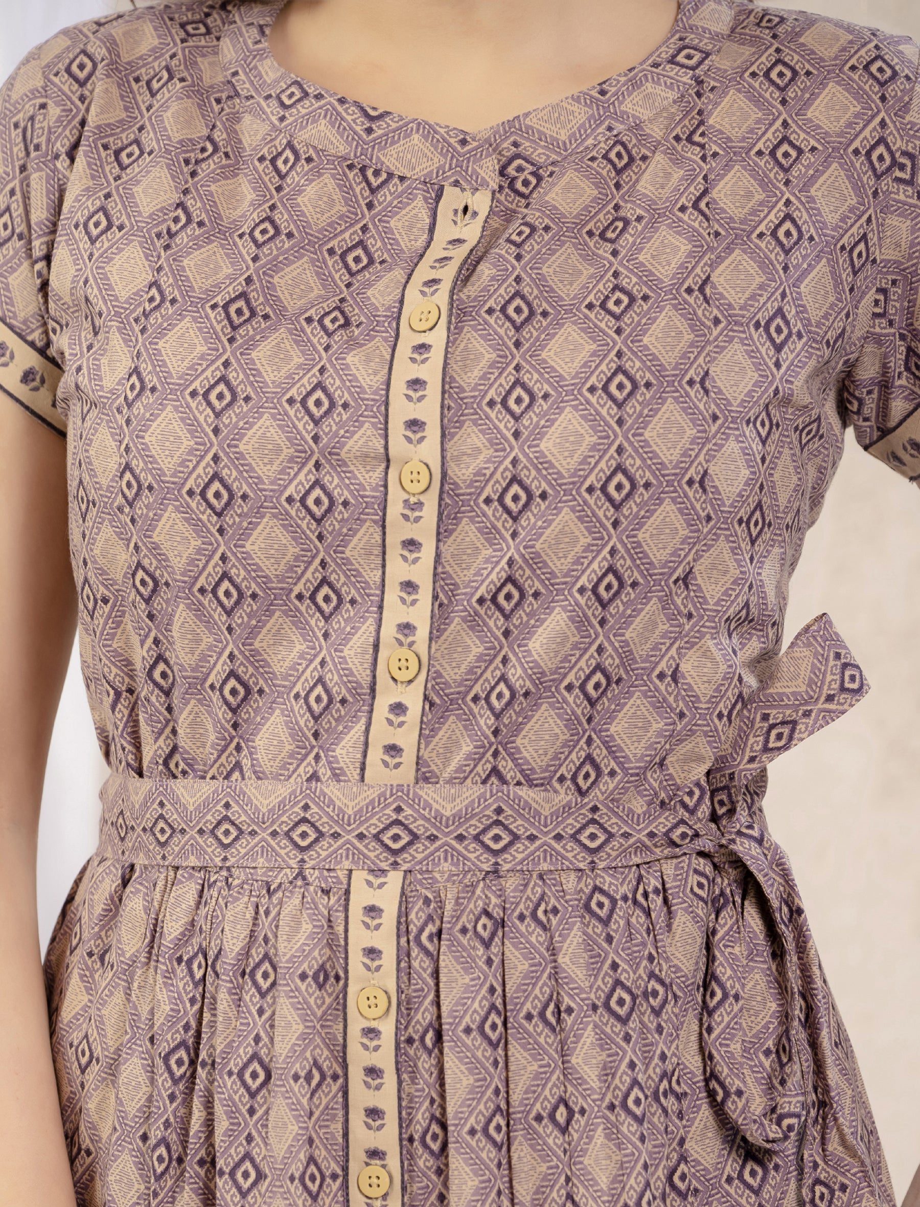 Light Purple Cotton Printed Knee Length Dress