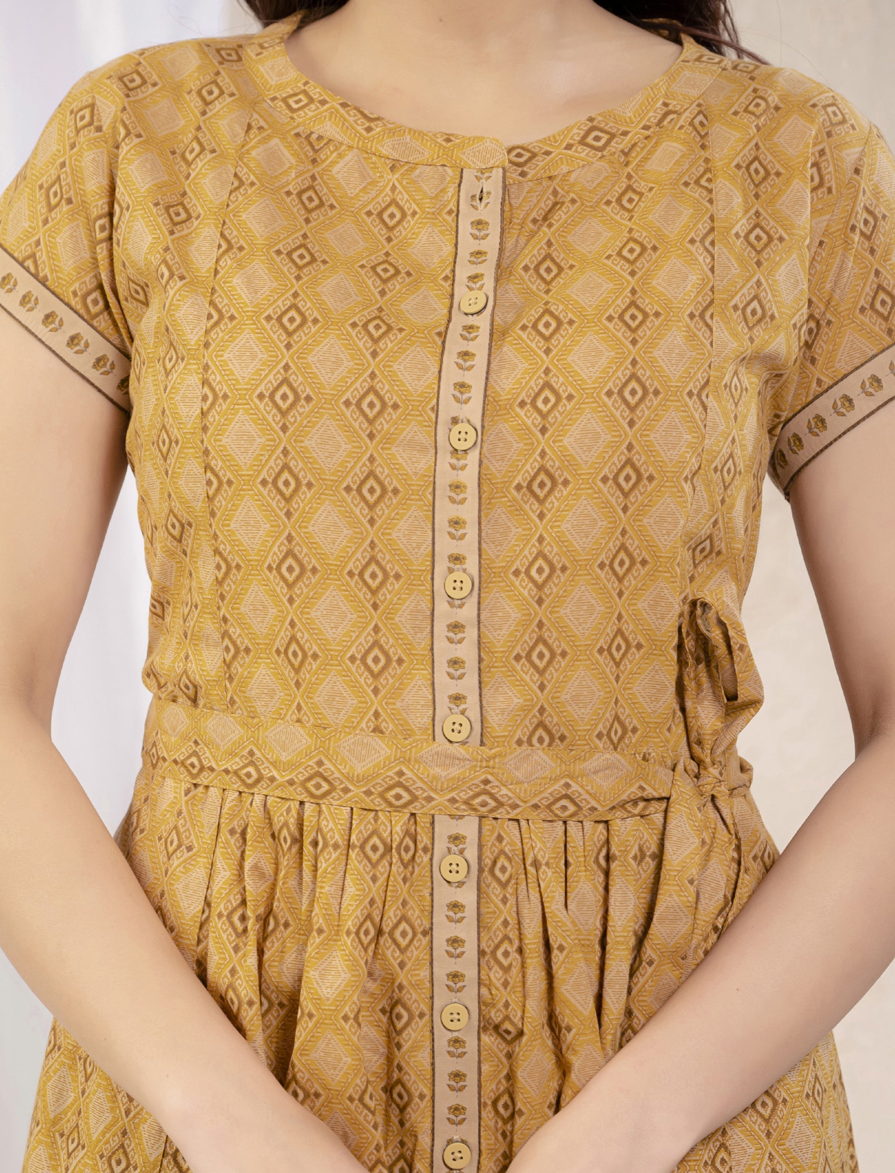Yellow Cotton Printed Knee Length Dress