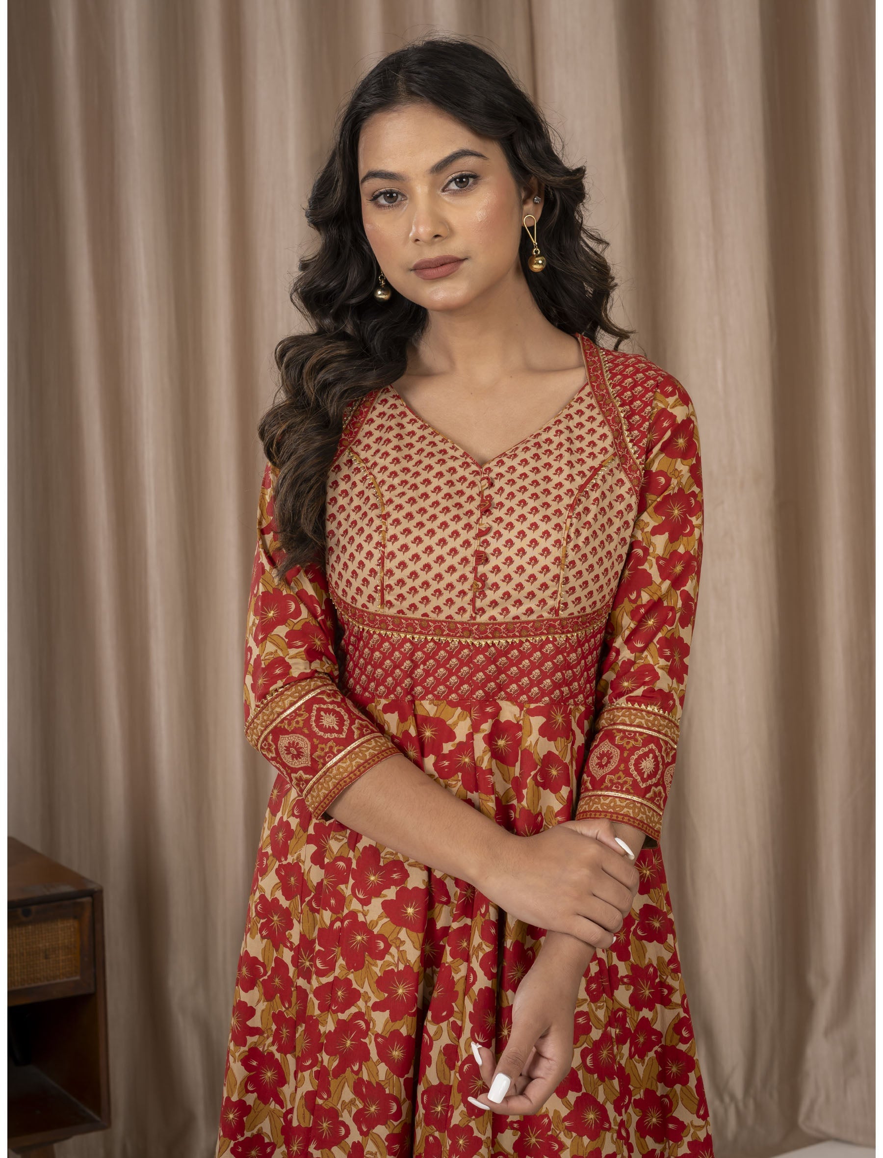 Beige Red Jaal Cotton Anarkali Dress