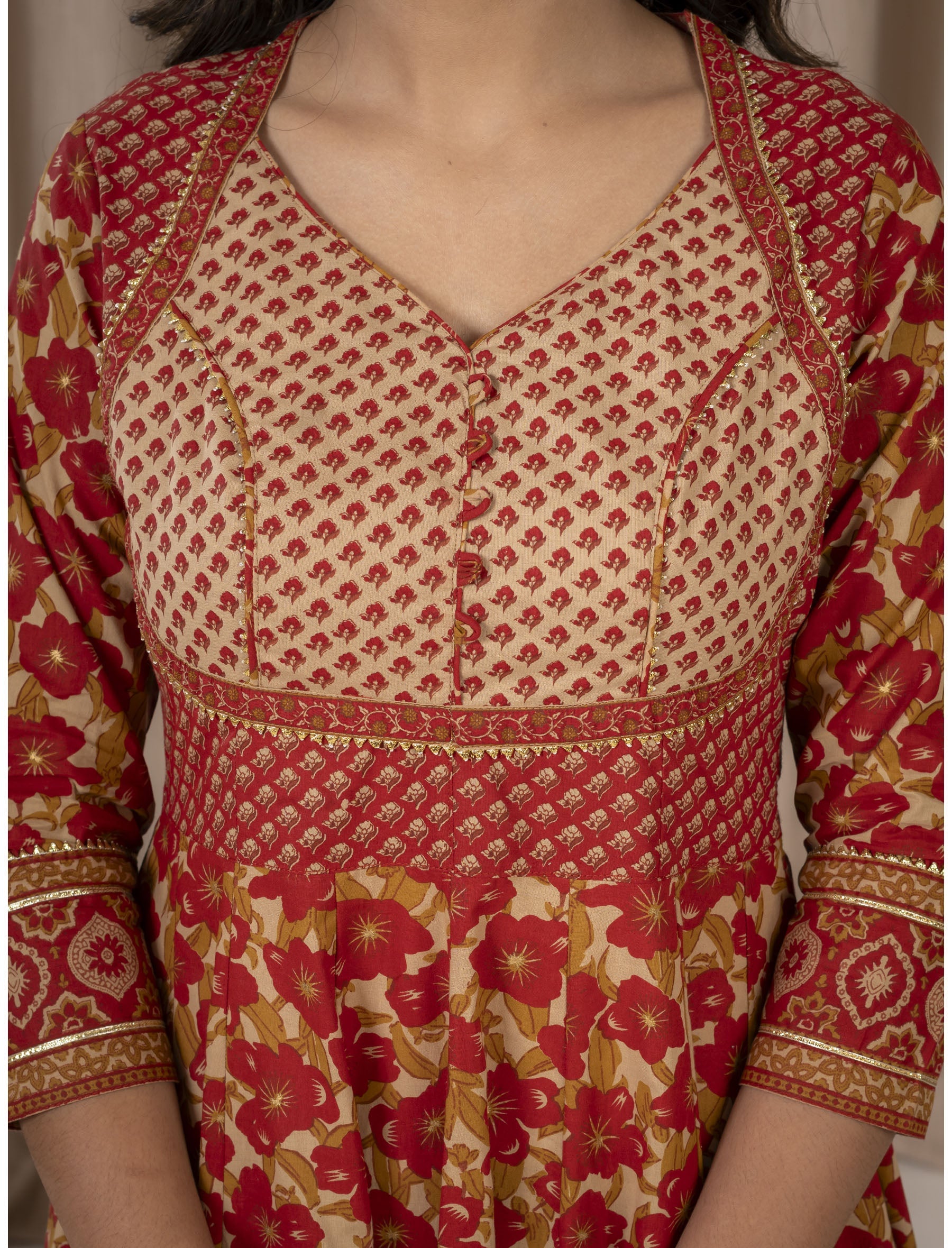 Beige Red Jaal Cotton Anarkali Dress