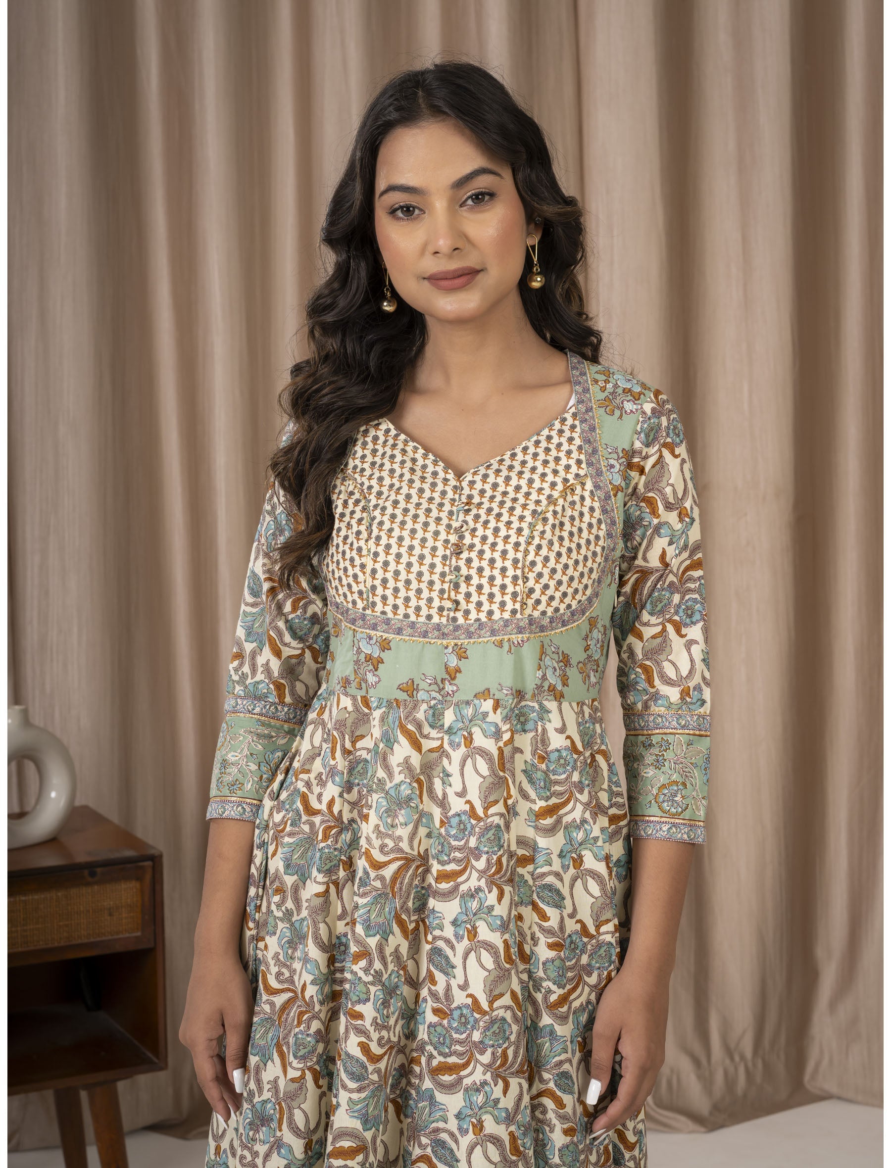 Pista Green Cotton Printed Anarkali Dress