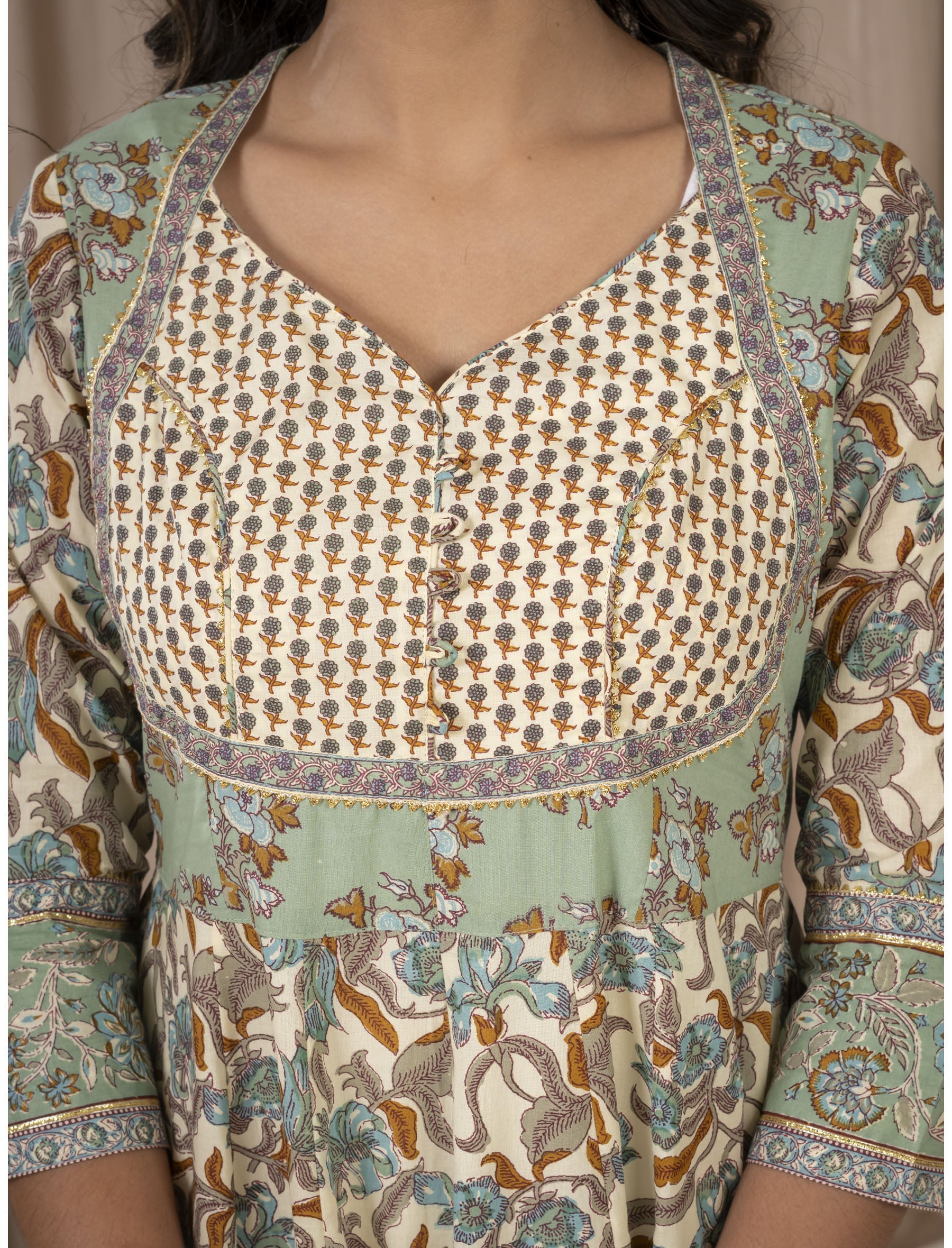 Pista Green Cotton Printed Anarkali Dress