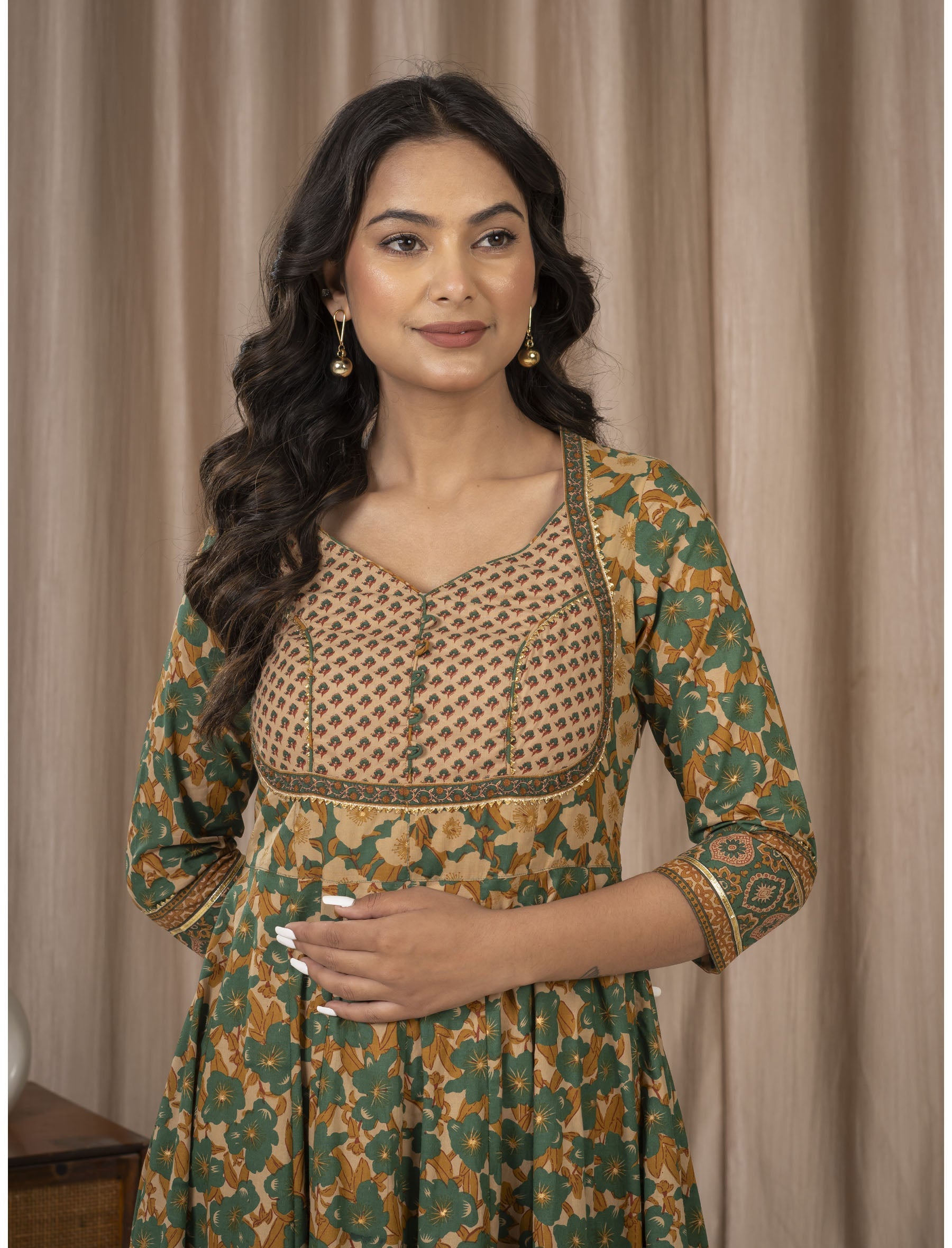 Green Cotton Printed Anarkali Dress