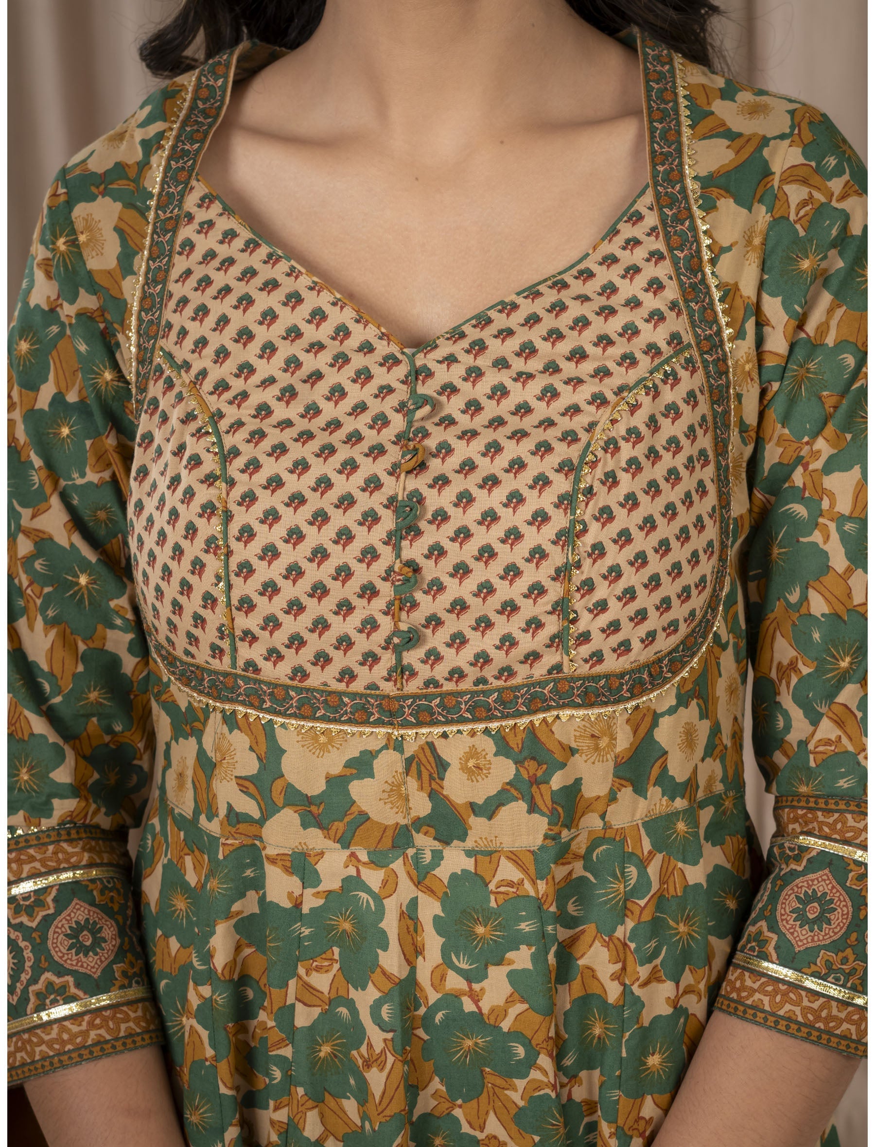 Green Cotton Printed Anarkali Dress