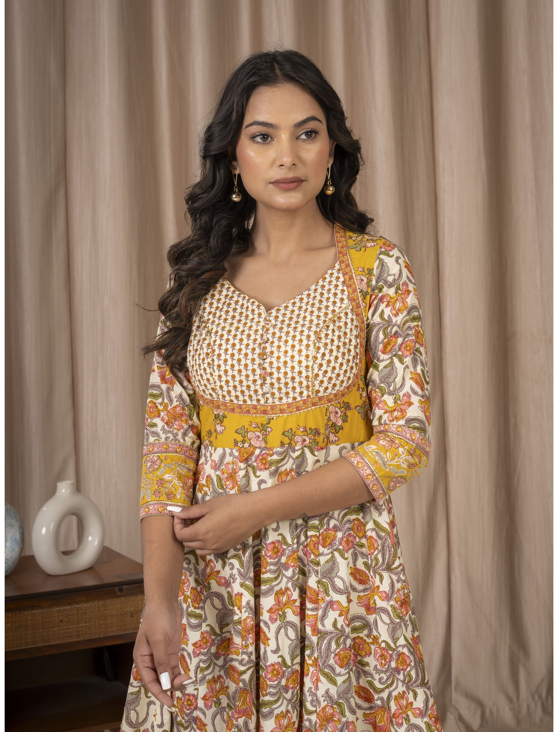 Yellow Cotton Printed Anarkali Dress