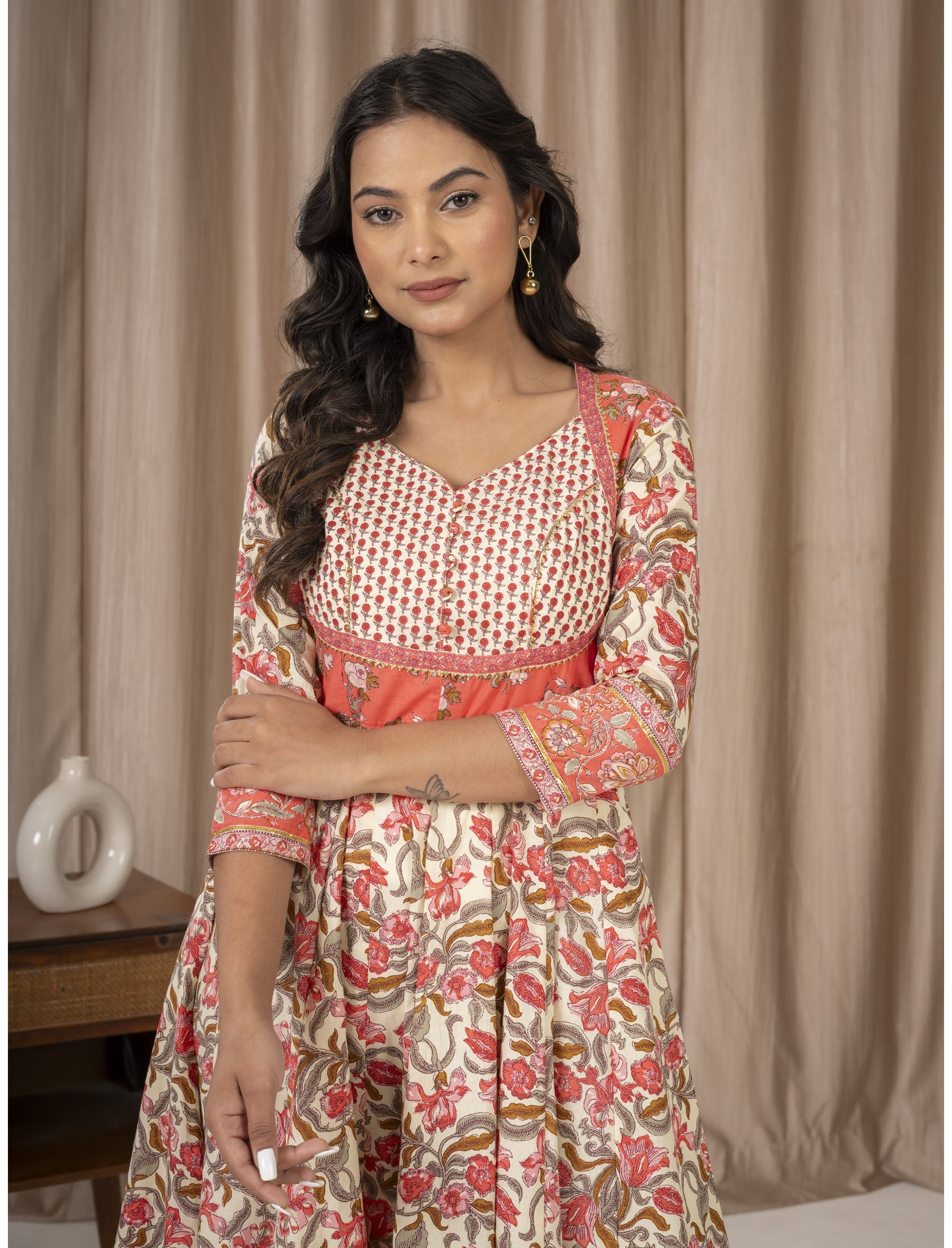 Peach Cotton Printed Anarkali Dress