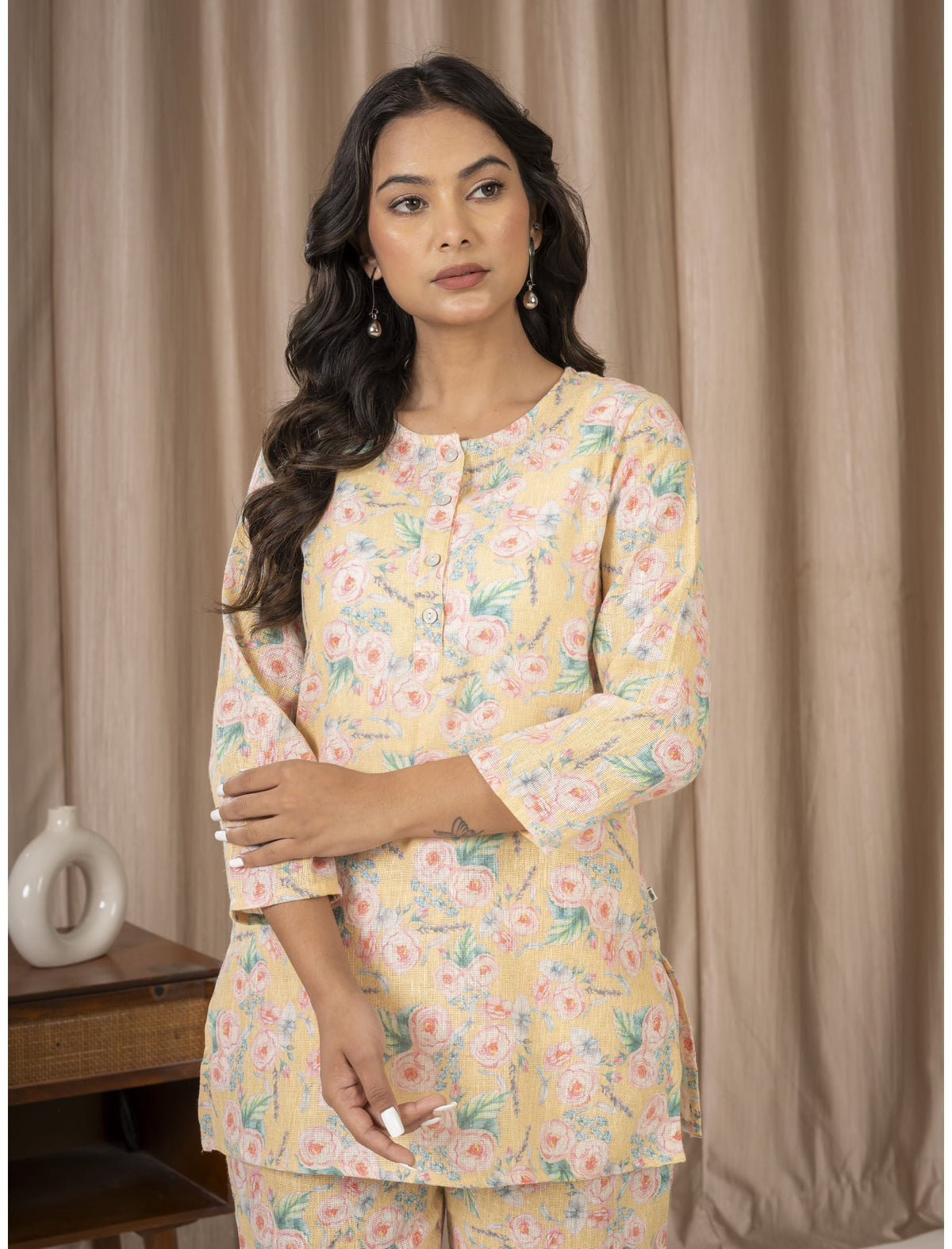 Yellow Floral Printed Khadi Cotton Co-Ord Set