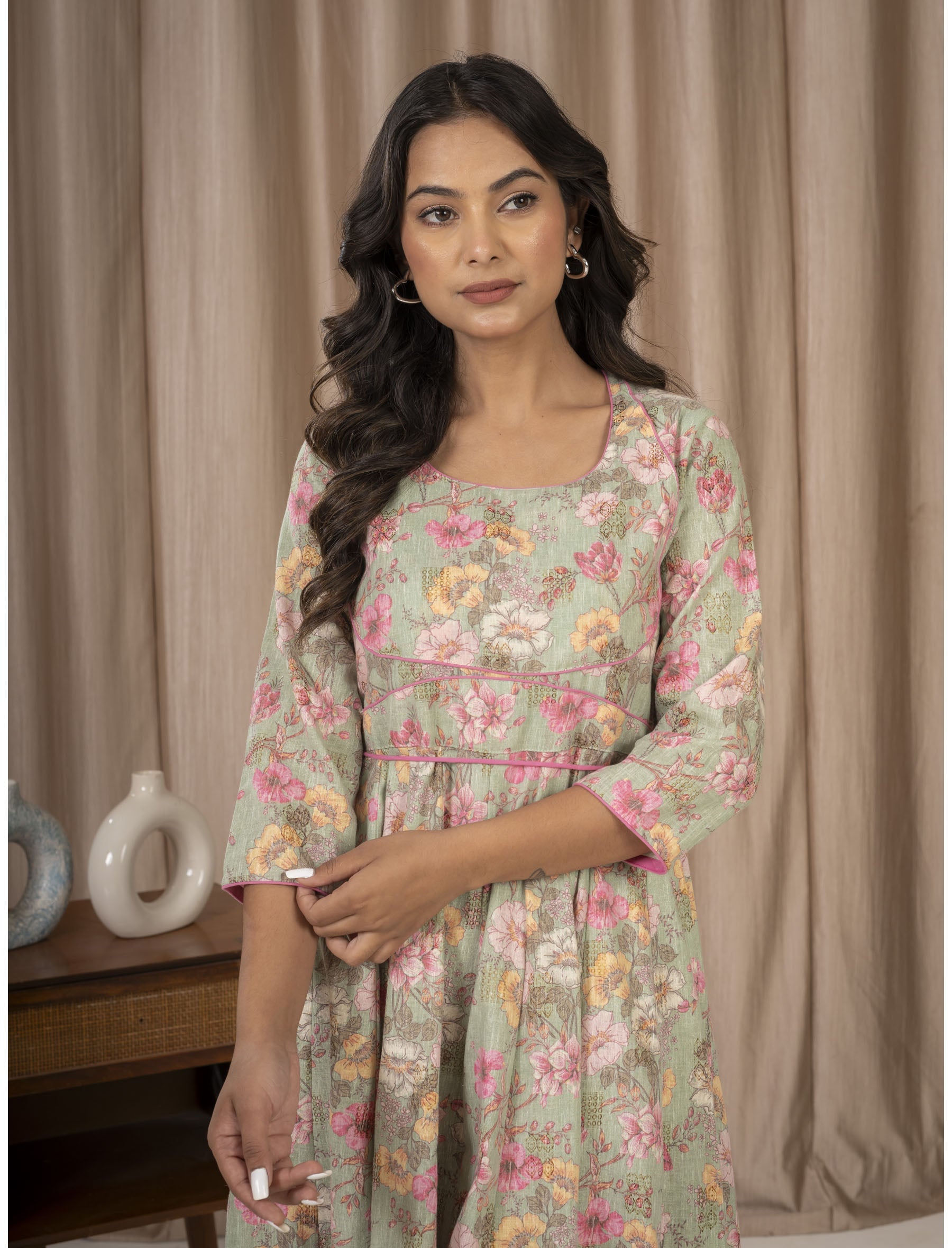 Pista Green Khadi Cotton Printed Anarkali Dress