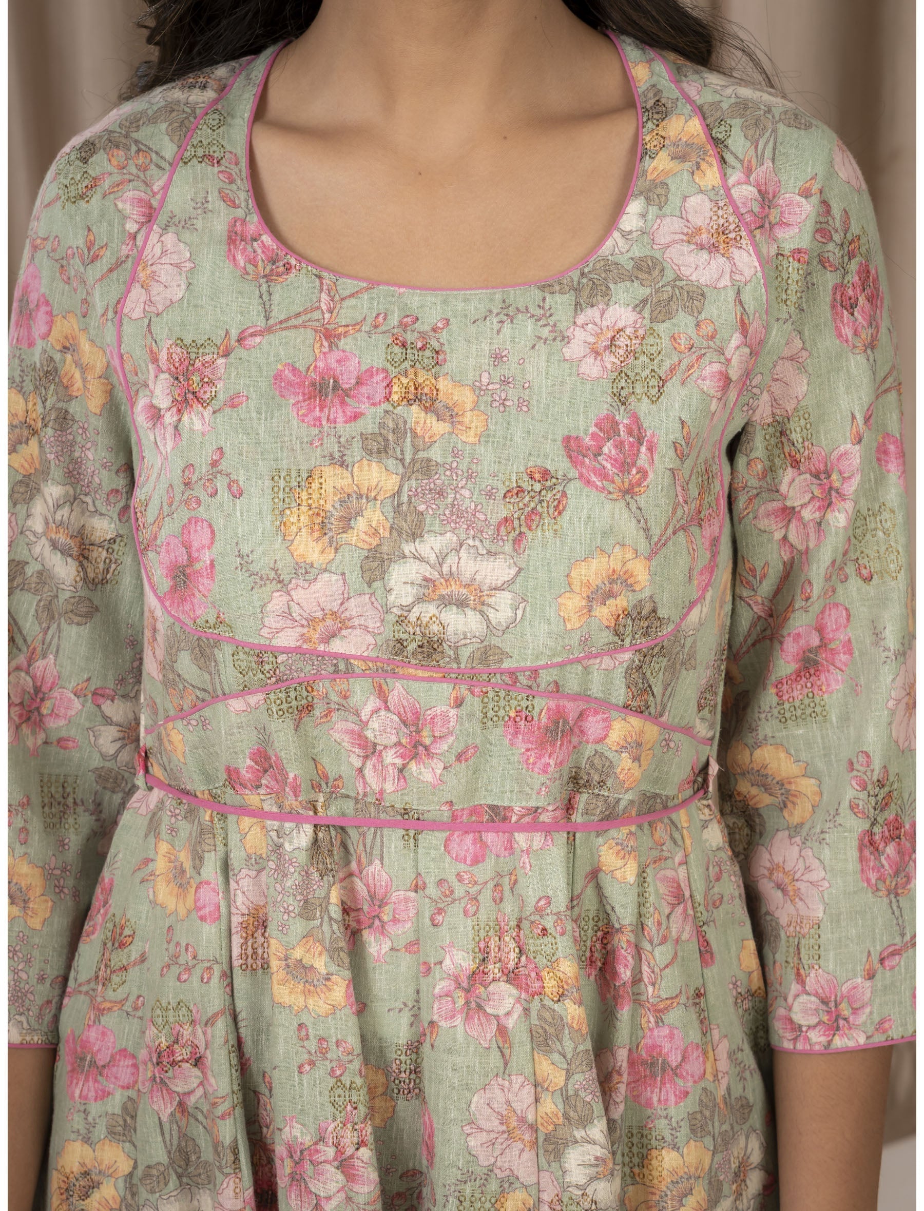 Pista Green Khadi Cotton Printed Anarkali Dress