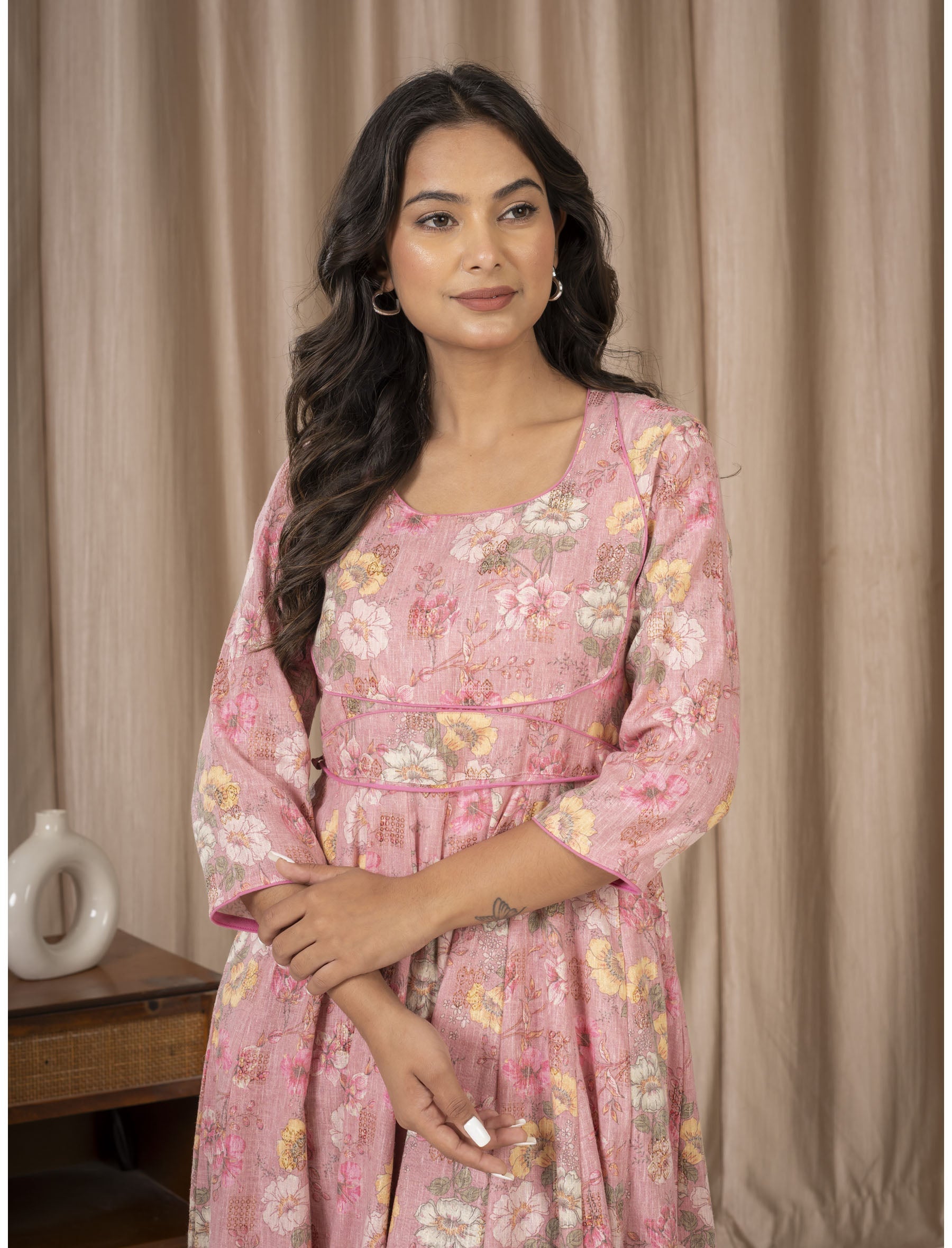 Peach Khadi Cotton Printed Anarkali Dress