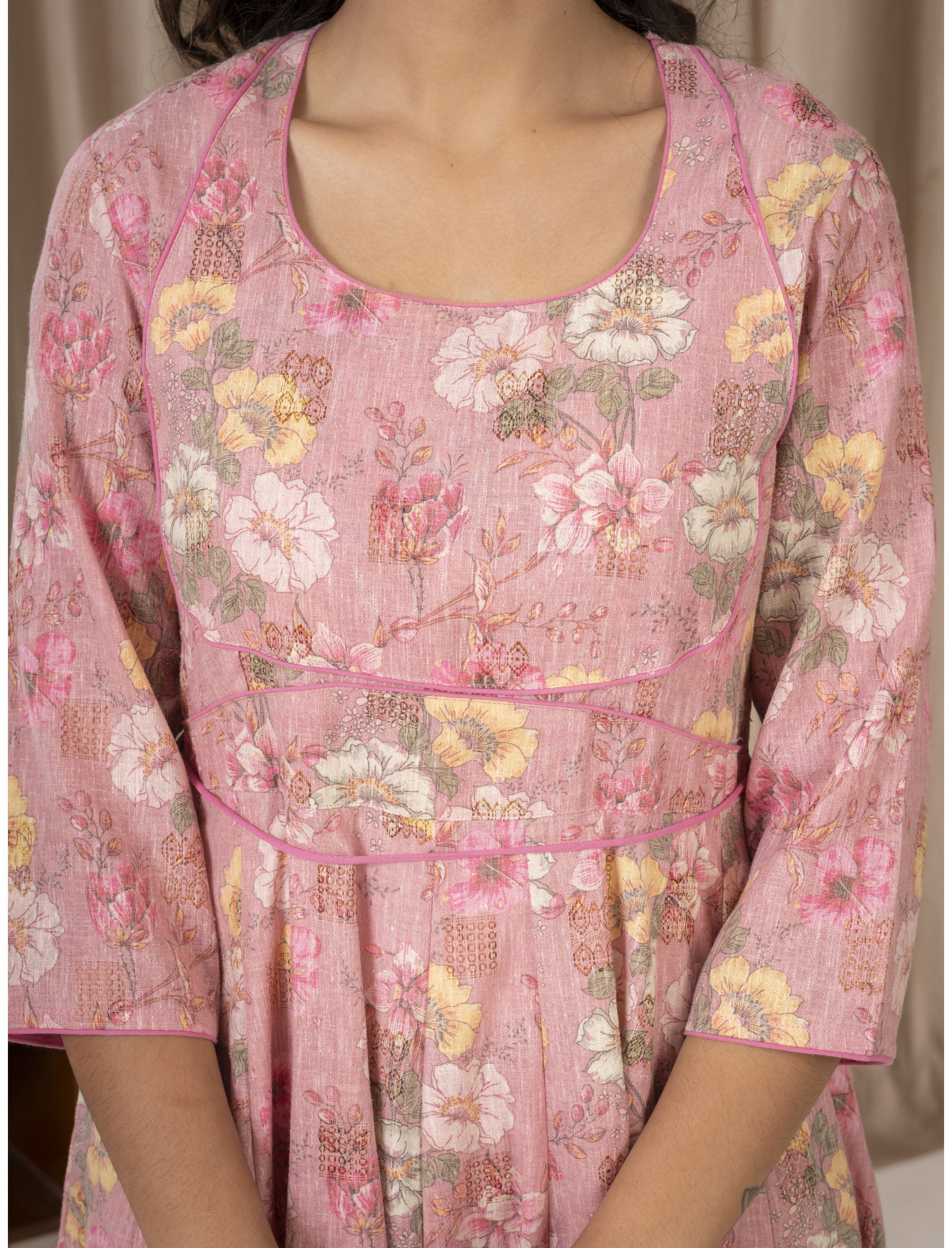 Peach Khadi Cotton Printed Anarkali Dress