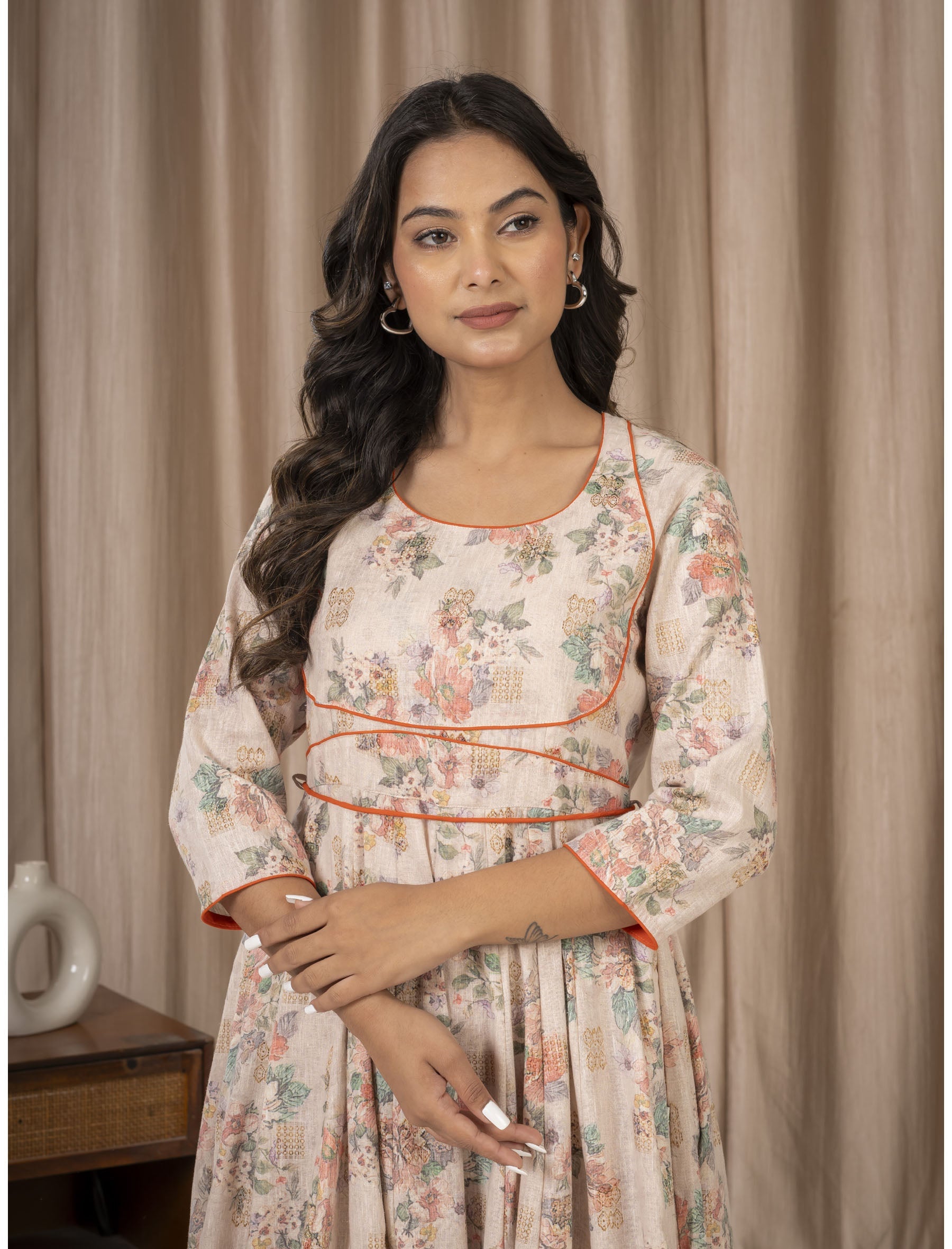 Cream Khadi Cotton Printed Anarkali Dress
