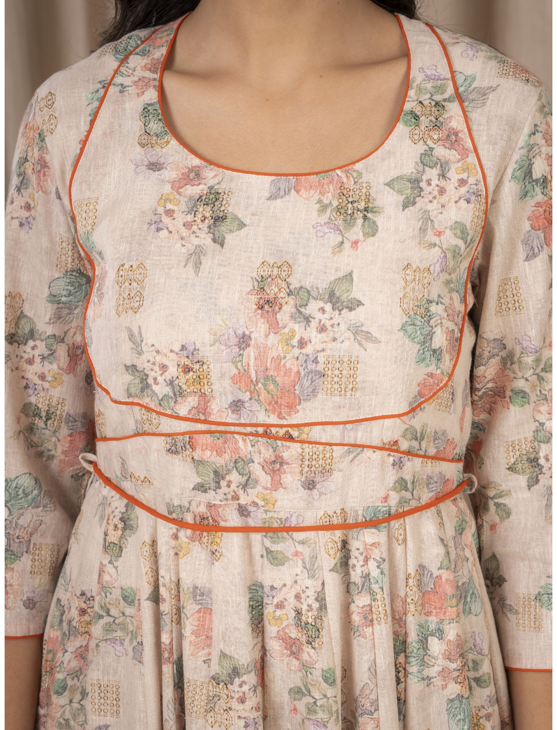 Cream Khadi Cotton Printed Anarkali Dress