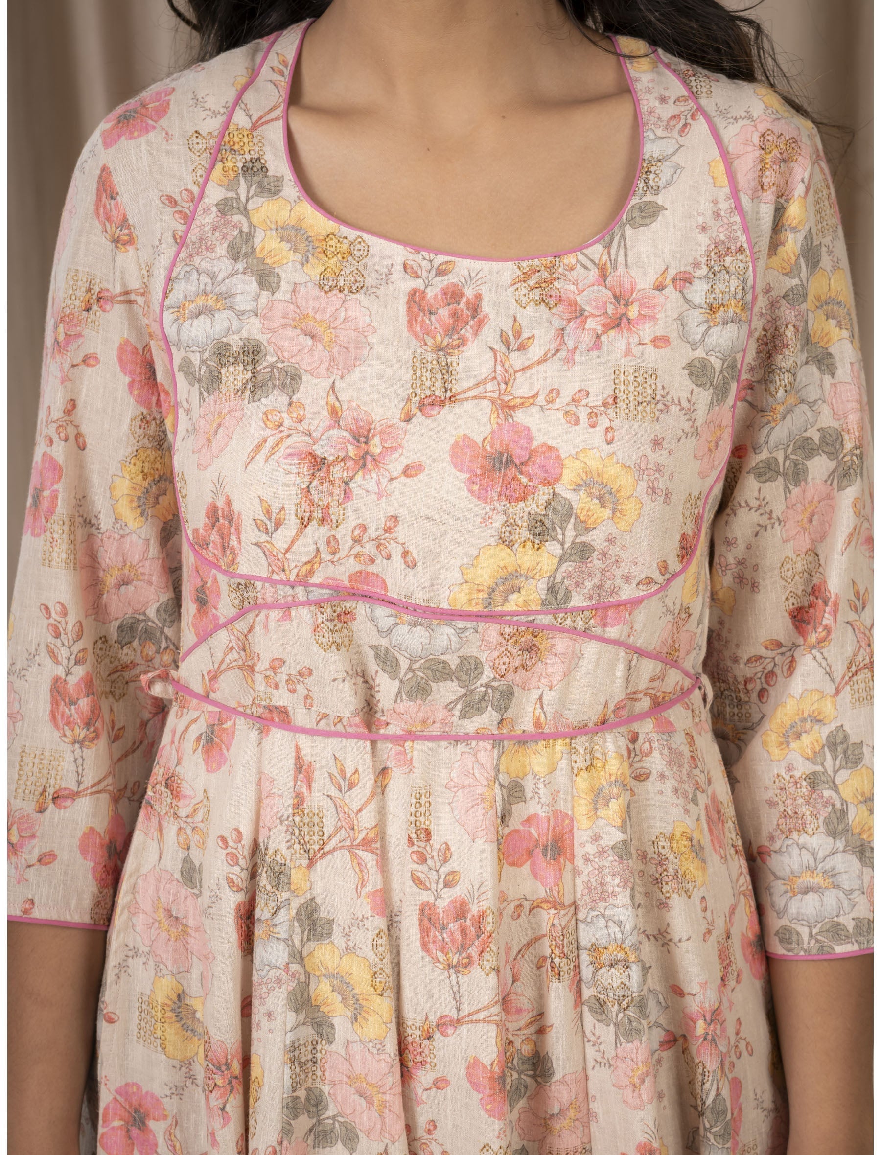 Cream Khadi Cotton Printed Anarkali Dress