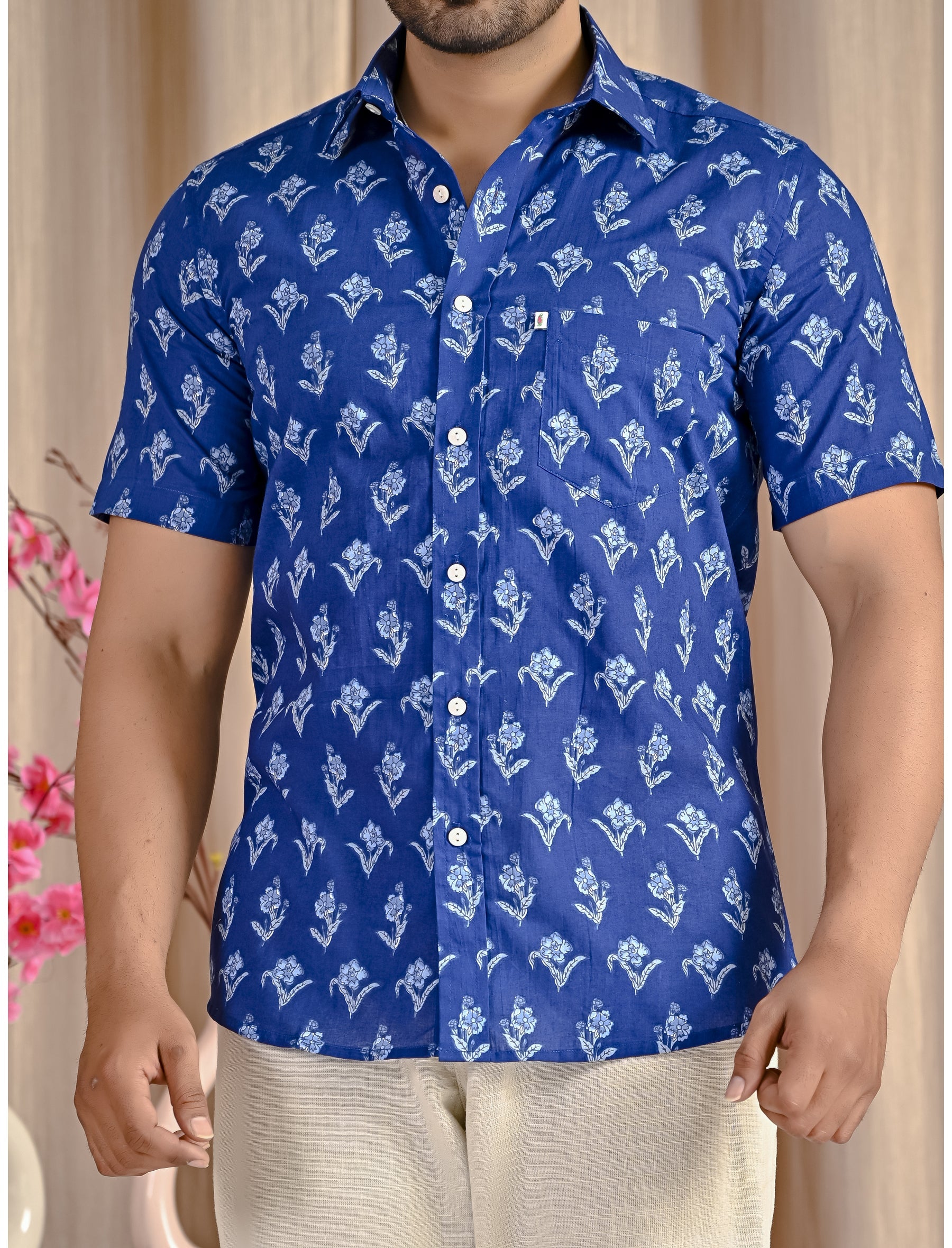 Blue Cotton Printed Half Sleeves Shirt