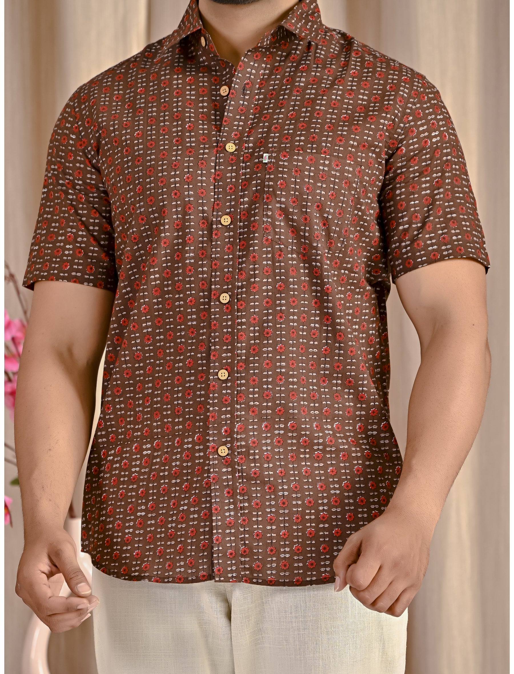 Brown Cotton Printed Half Sleeves Shirt