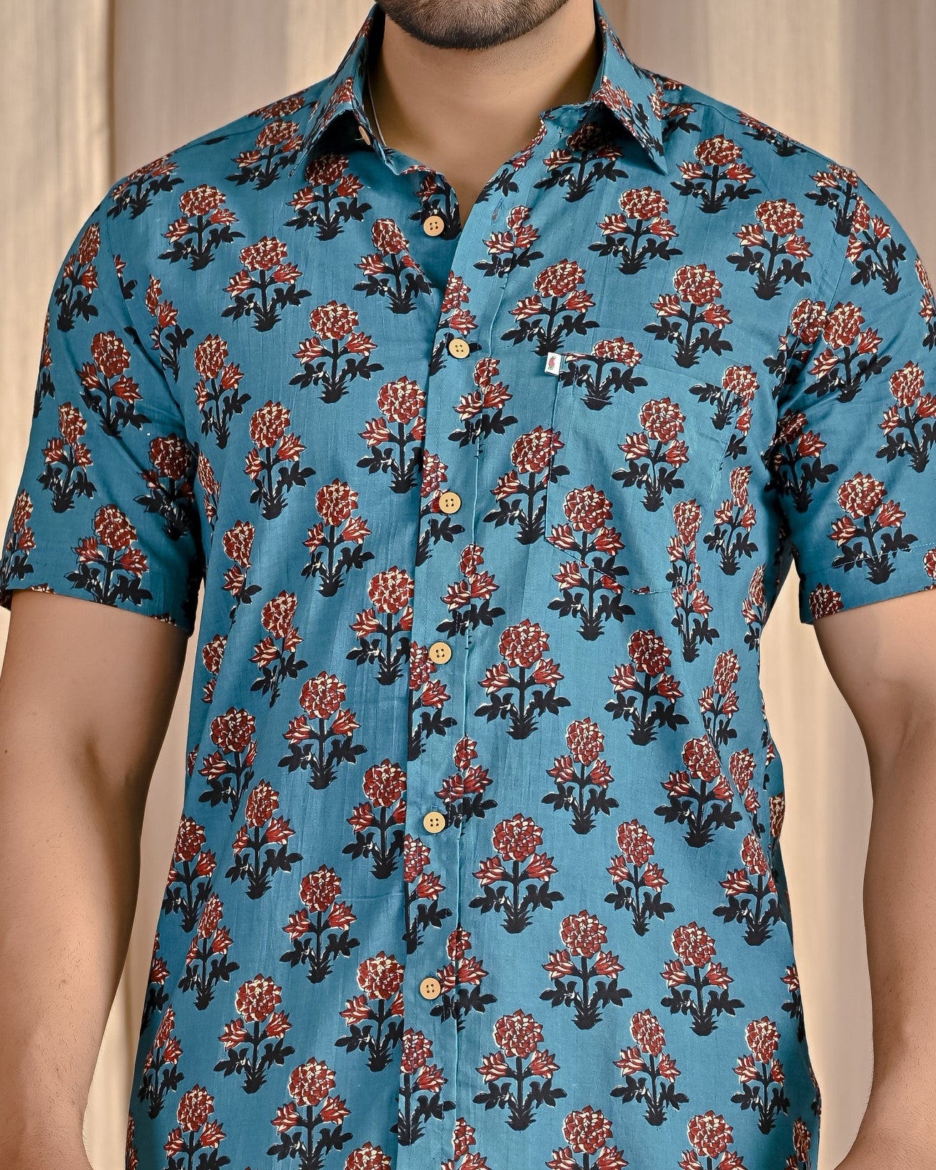 Blue Cotton Printed Half Sleeves Shirt