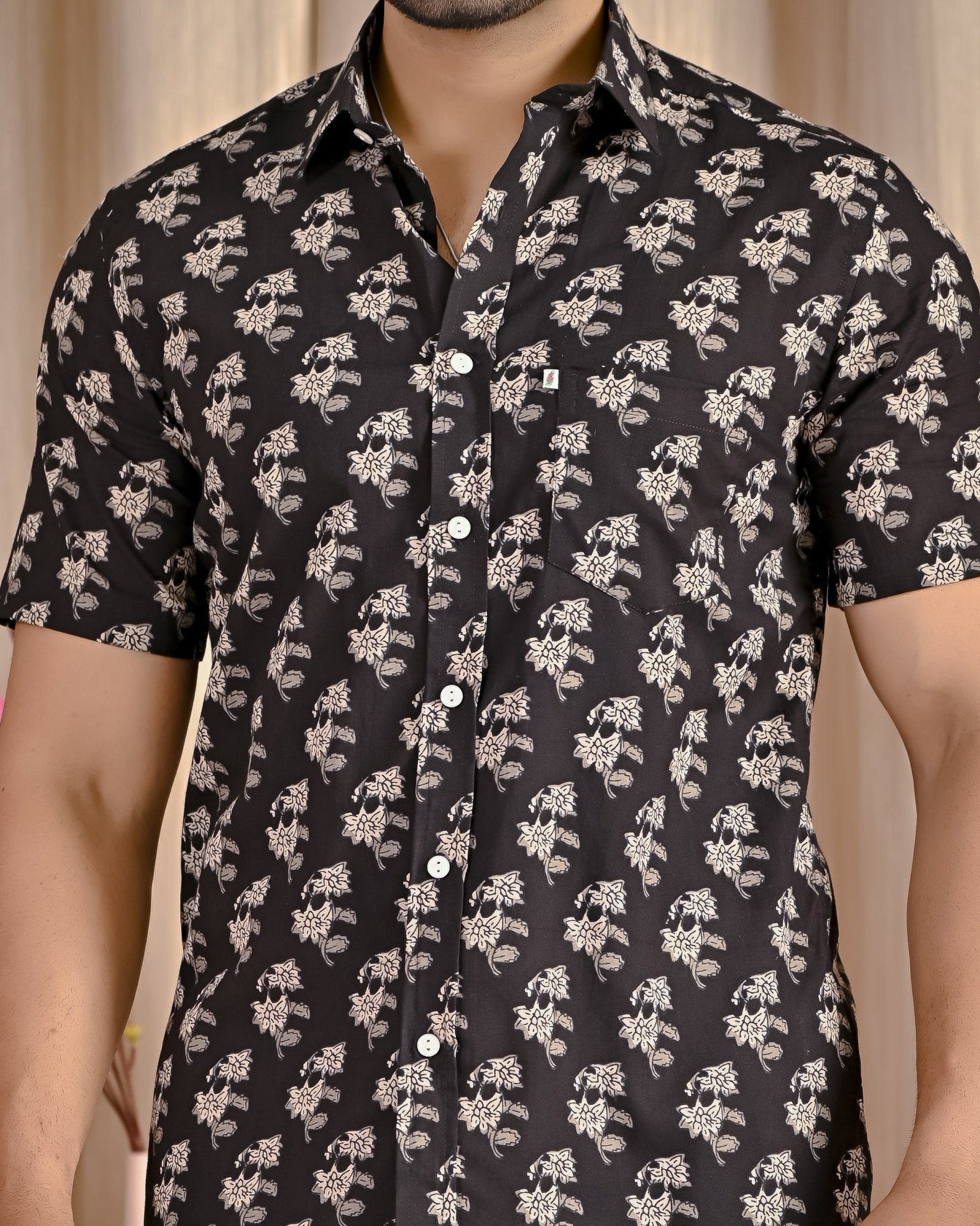 Black Cotton Printed Half Sleeves Shirt